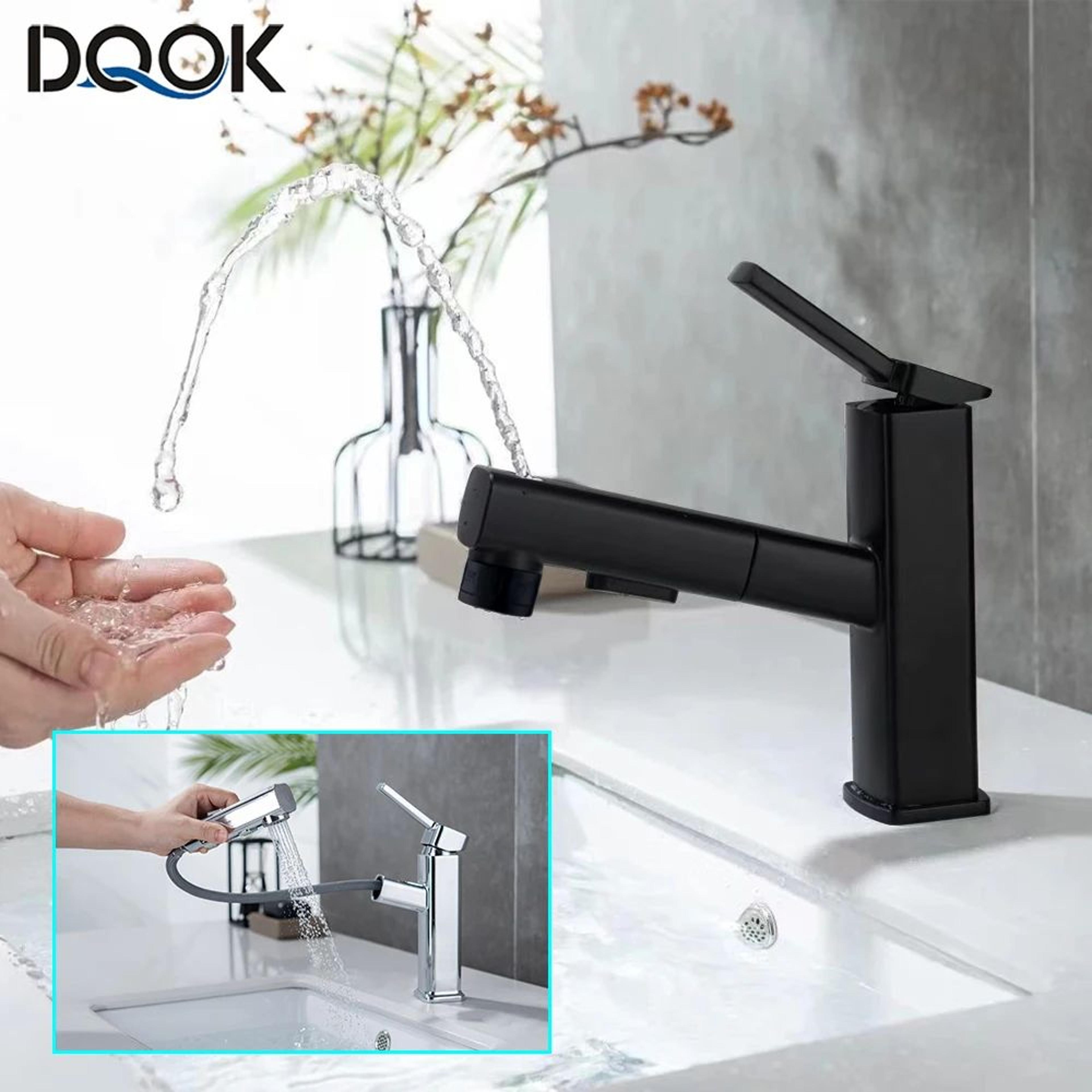 dqok brass pull out bathroom basin mixer faucet in chrome or black
