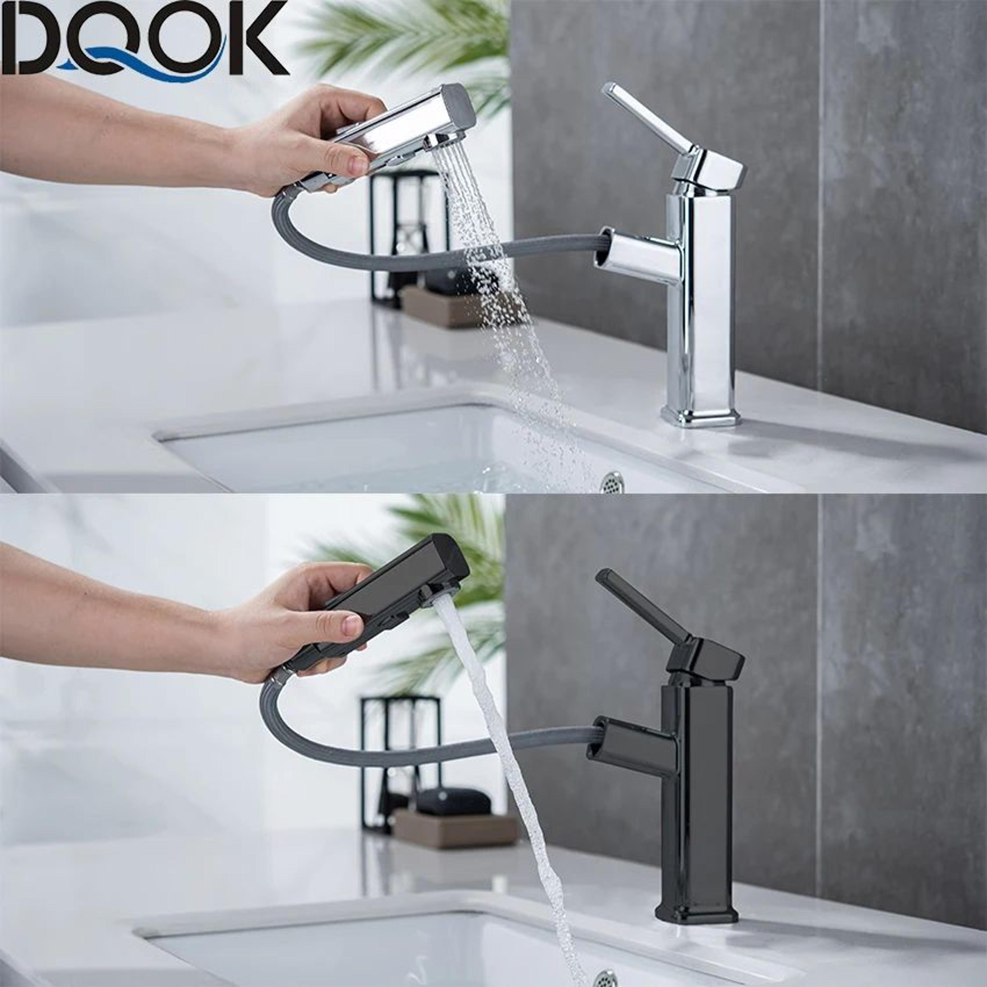 DQOK Brass Pull Out Bathroom Basin Mixer Faucet In Chrome Or Black 3