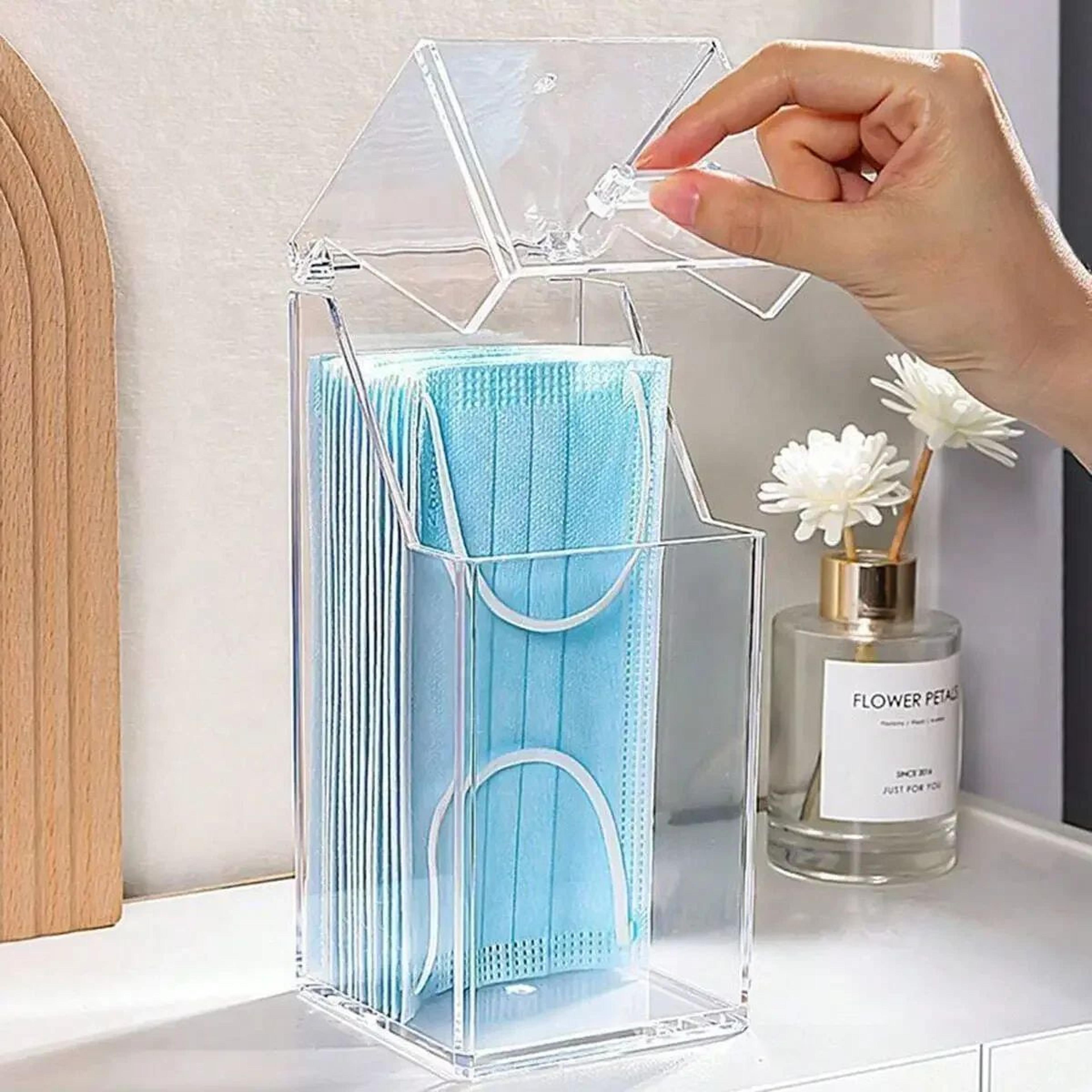 transparent face mask storage box with lid for desk and entryway