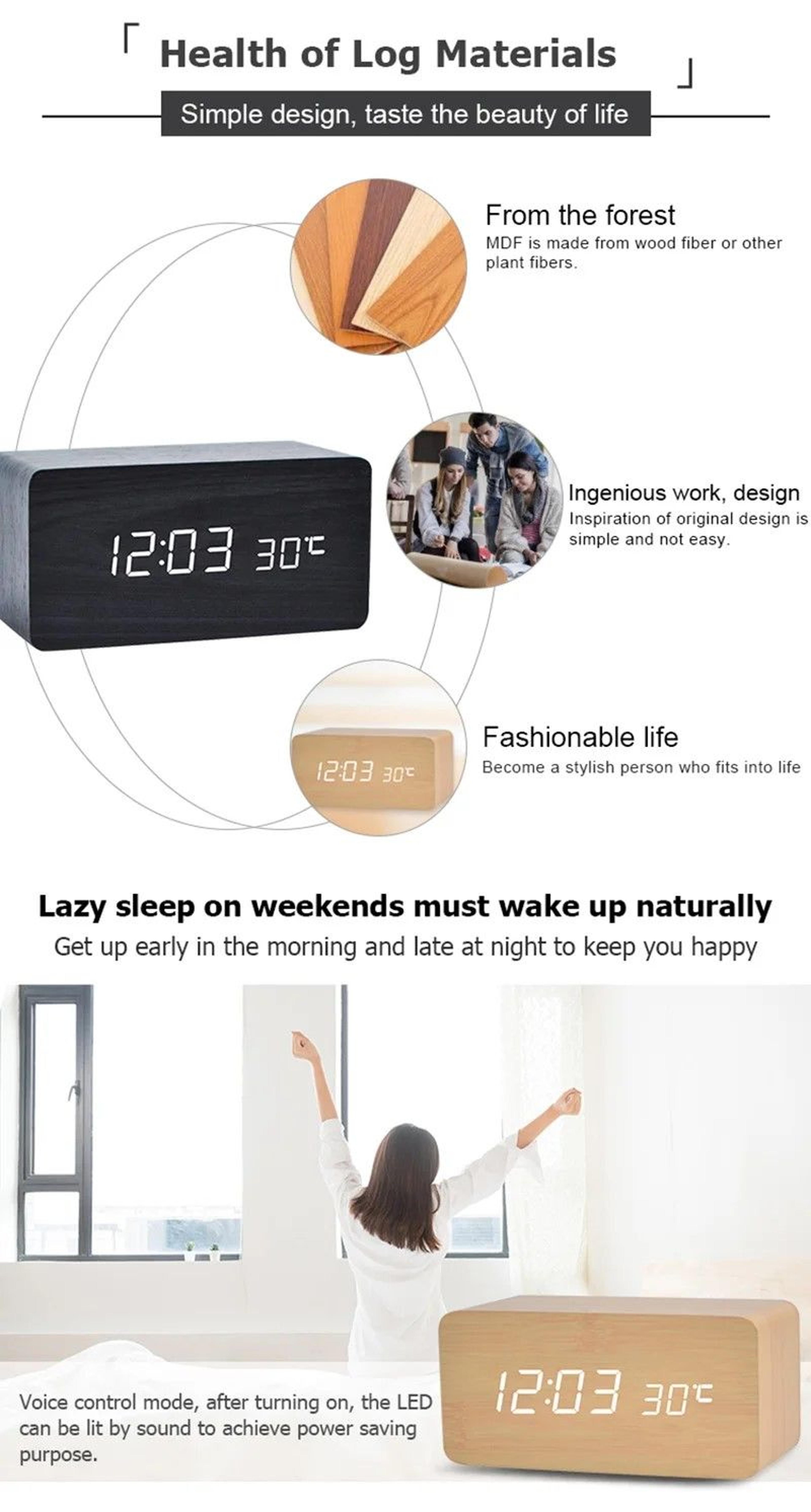 Woodgrain Luxe LED Alarm Clock Digital Wooden Desk Clock With Temperature Display 1