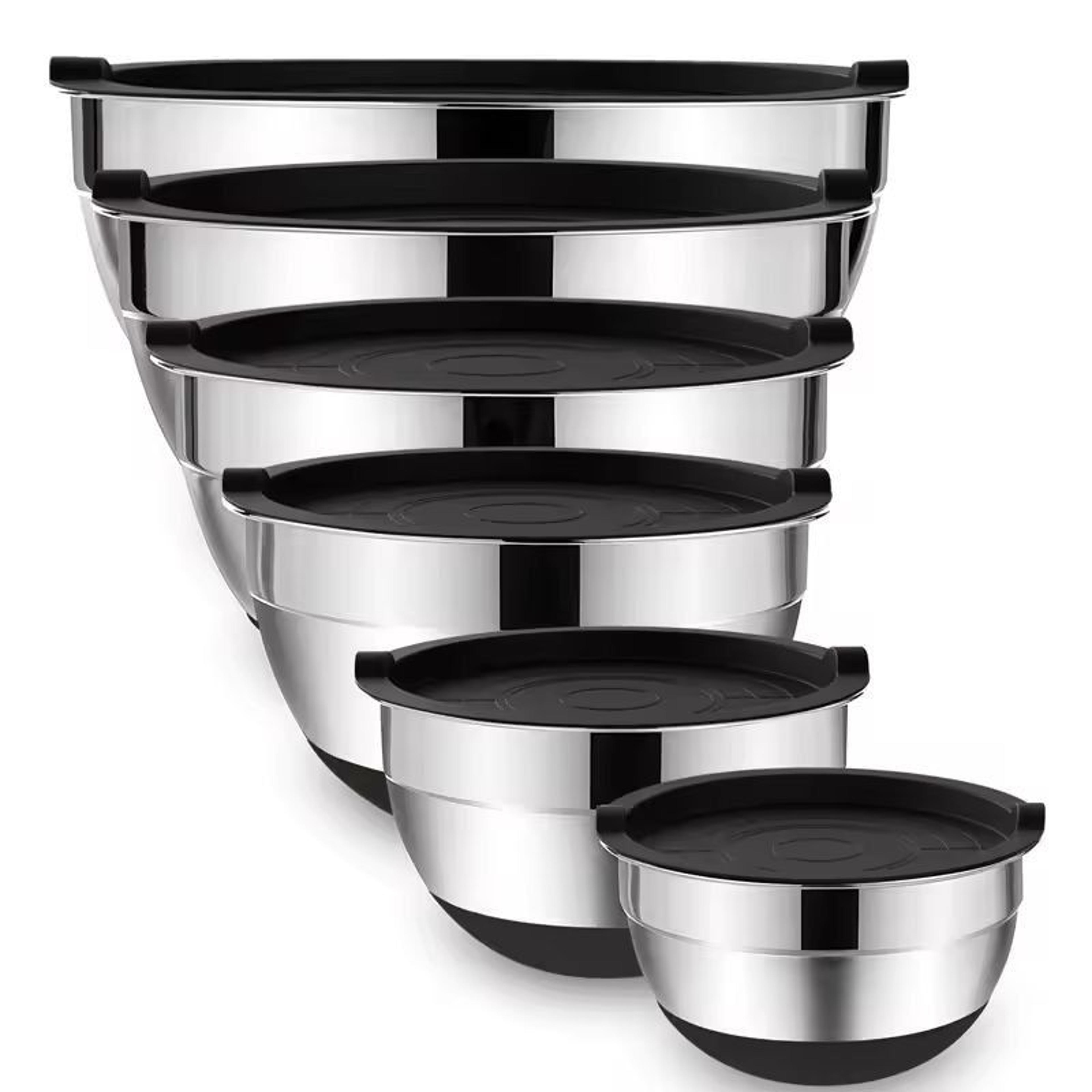 premium stainless steel mixing bowl set with lids & non-slip bases