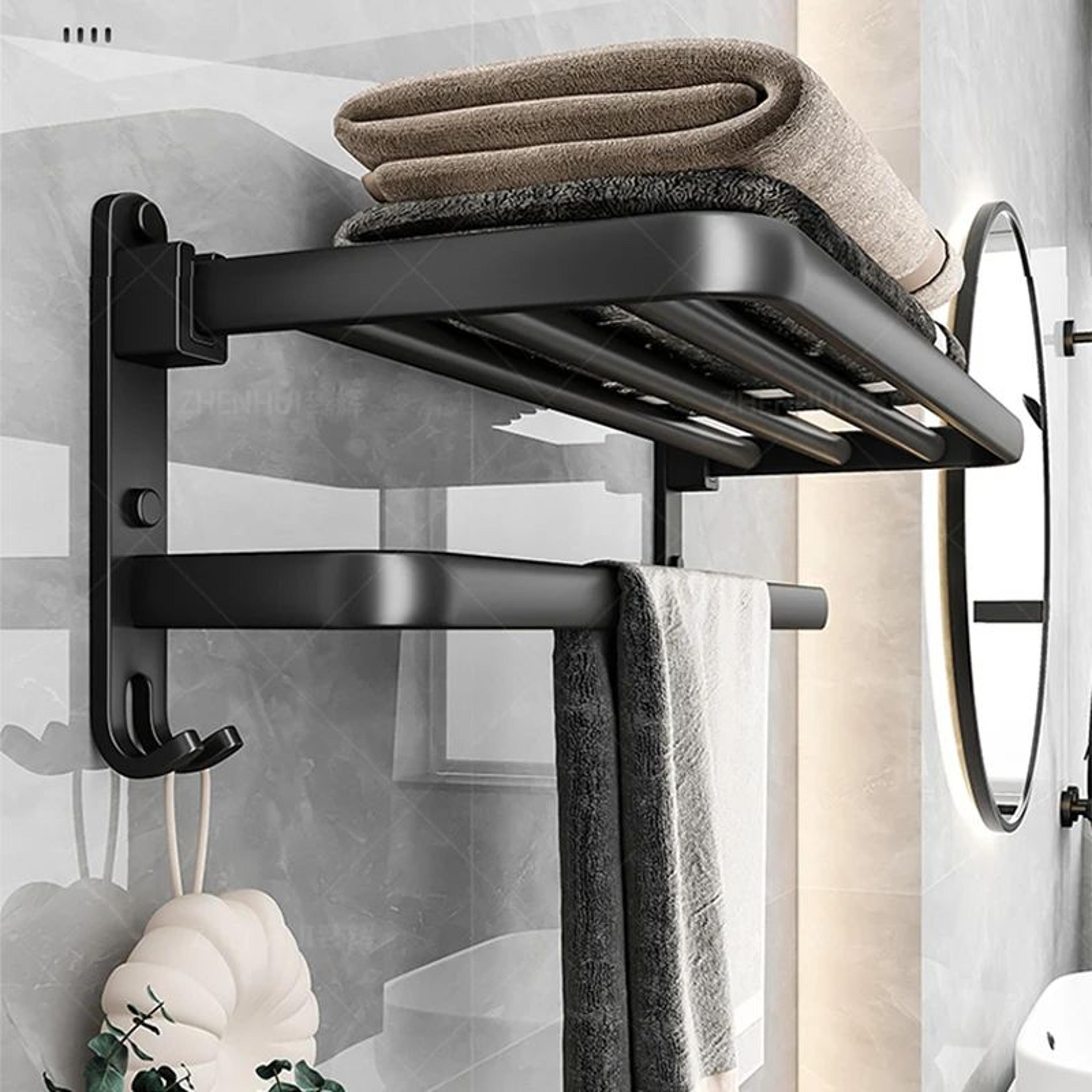 MatteBlack 20Inch WallMount Foldable Towel Rack  Hook  SpaceSaving Bathroom Organizer 1