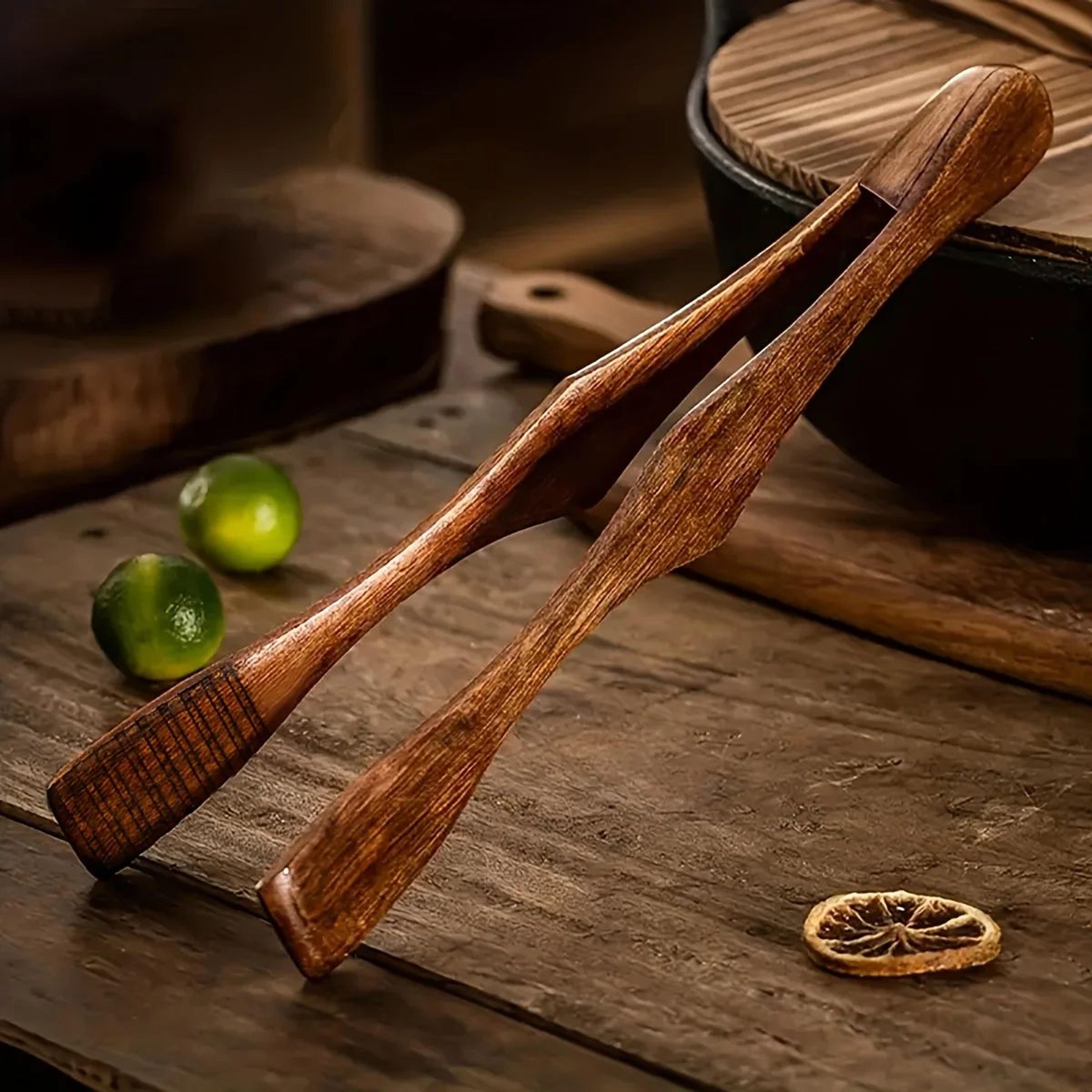 heat-resistant wooden food clip kitchen tongs for bbq, bread & noodles