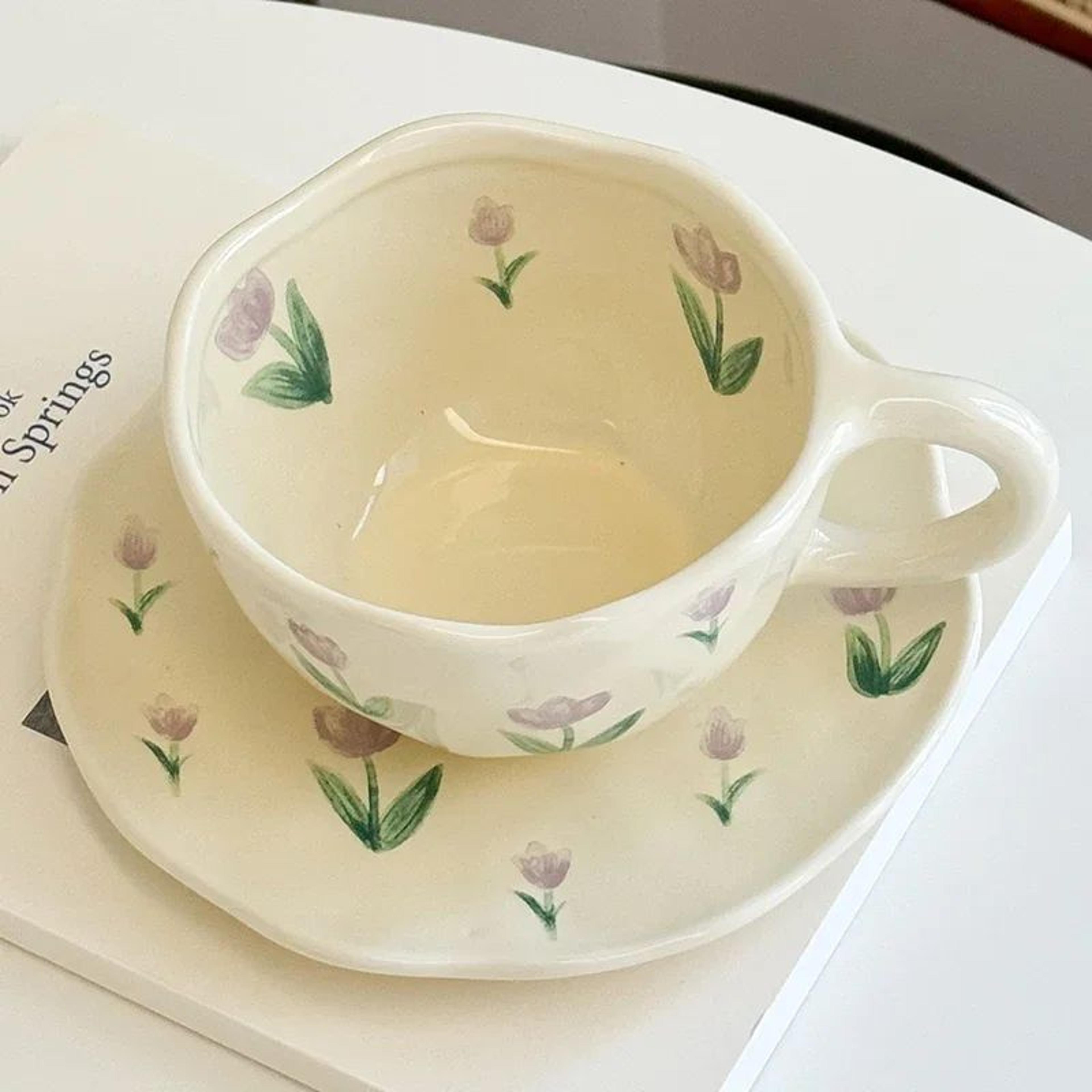 hand-painted ceramic coffee cup with saucer set, cute tea cup for cozy breakfasts