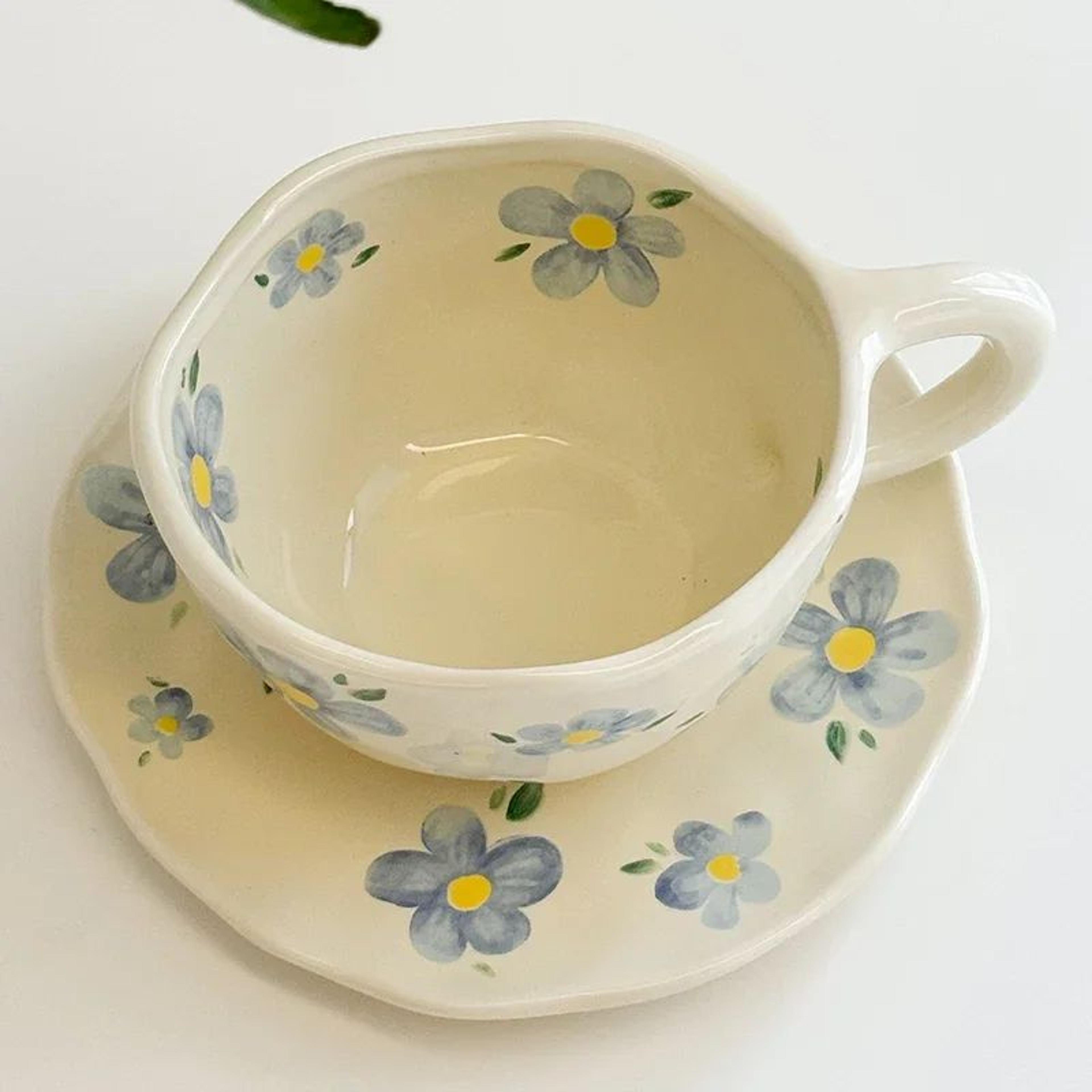 HandPainted Ceramic Coffee Cup With Saucer Set Cute Tea Cup For Cozy Breakfasts 6