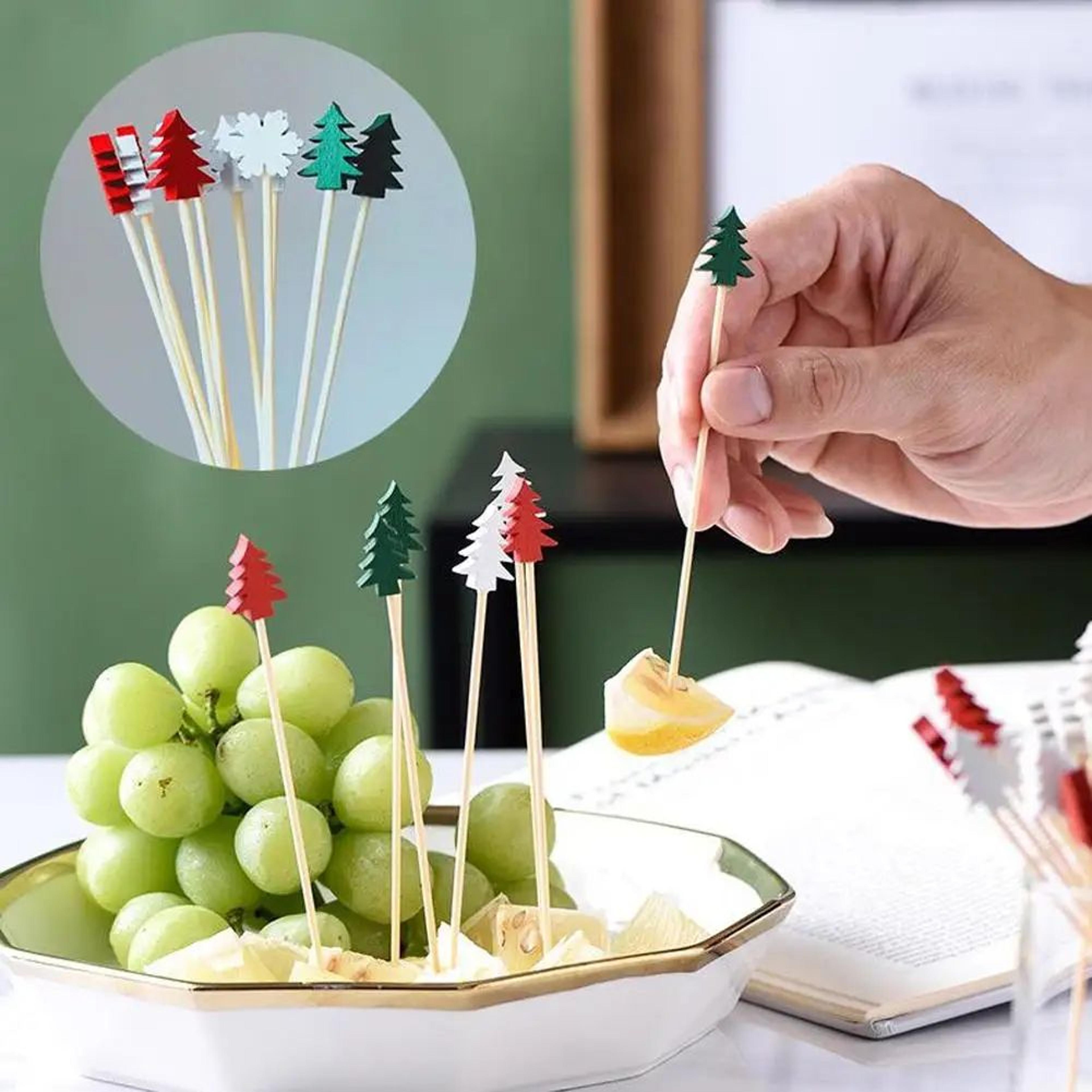 50-piece christmas fruit picks bamboo party fork set with santa, snowflake, tree & reindeer designs