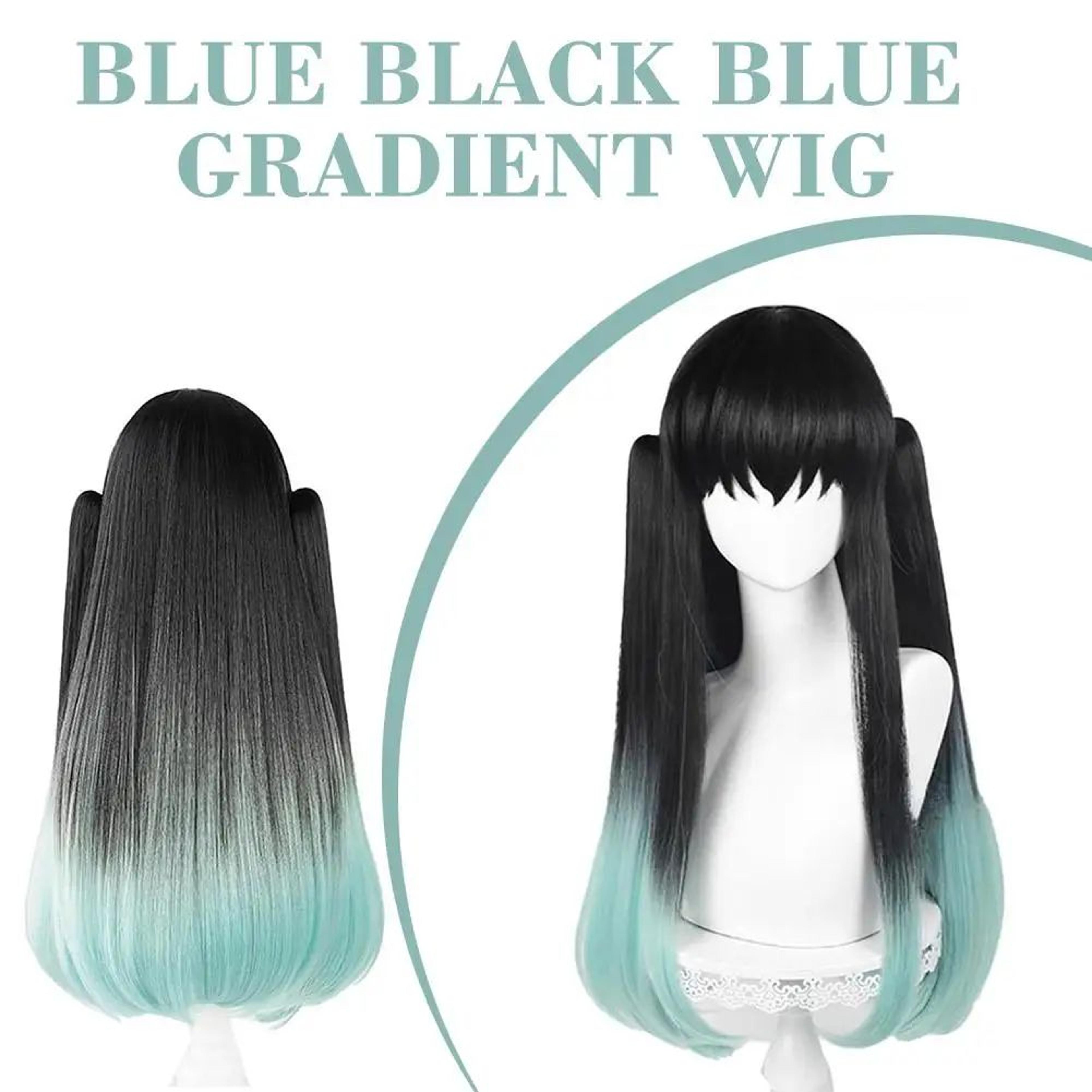 muichiro tokito cosplay wig black-to-cyan gradient, heat-resistant synthetic anime wig