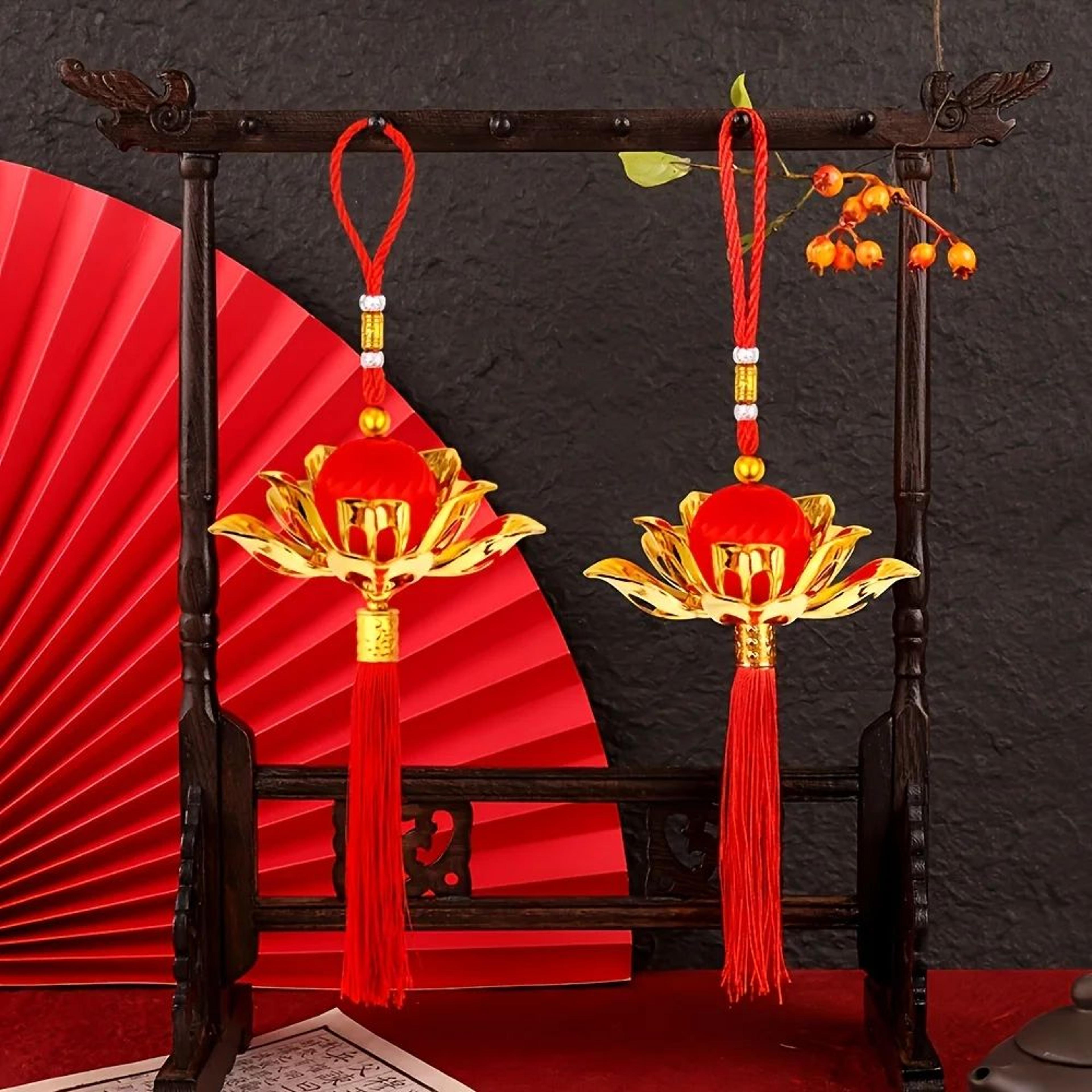 Chinese Lotus Flower Lantern Pendant With Red Tassel Chinese New Year Hanging Lantern Decor For Doo 2