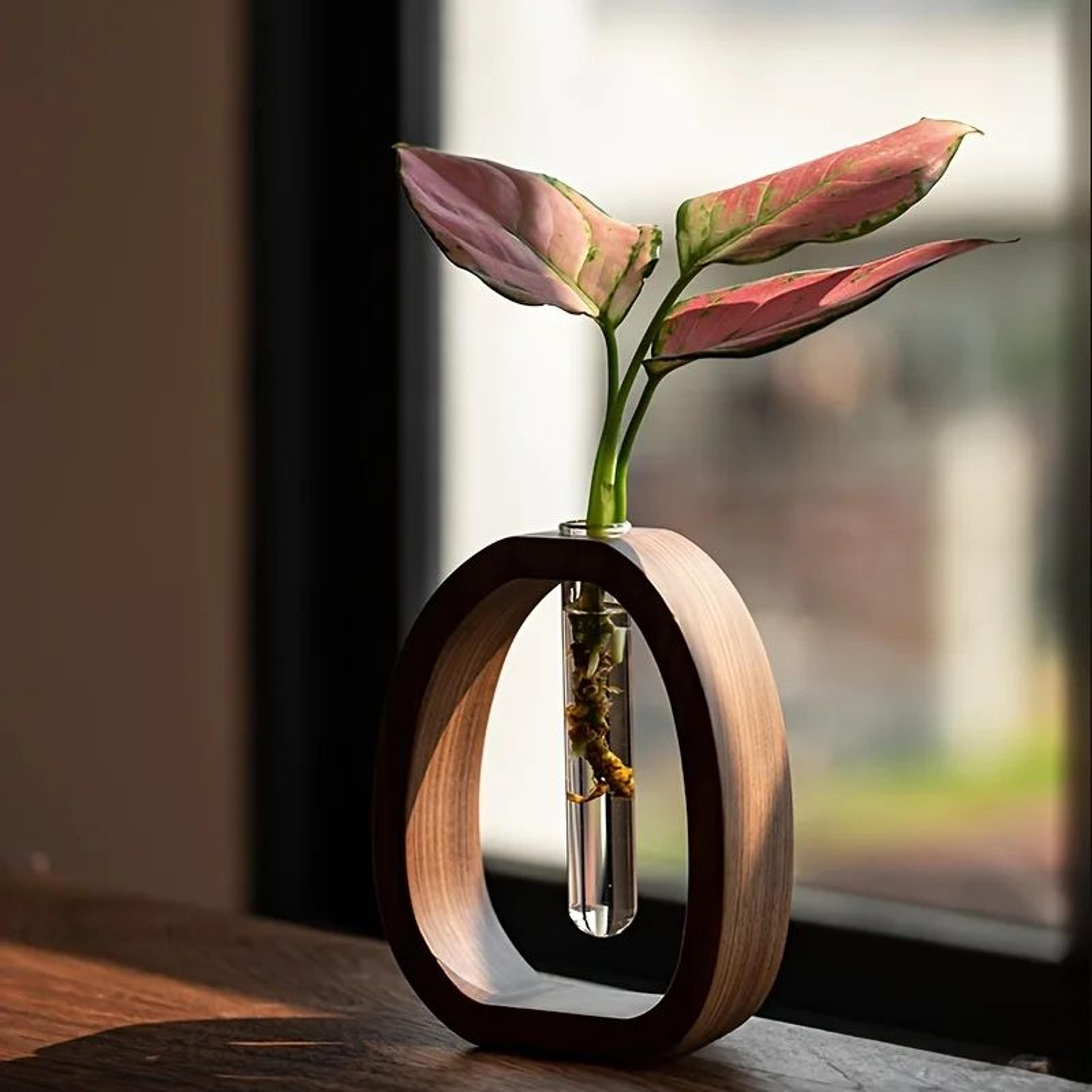 solid wood mini desktop flower vase with glass insert (minimal single stem bud vase)
