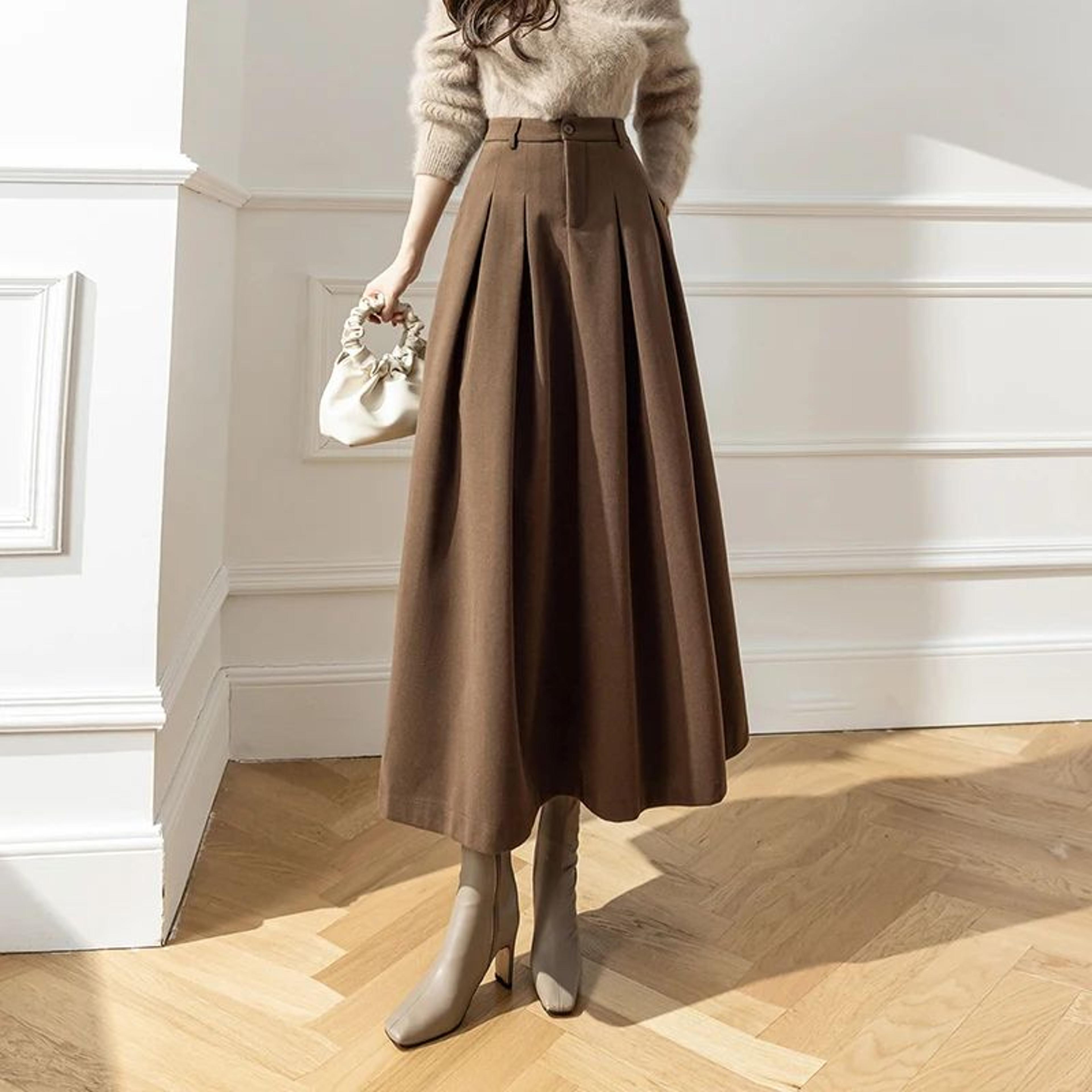 elegant a-line woolen maxi skirt – high waist pleated long winter skirt for women