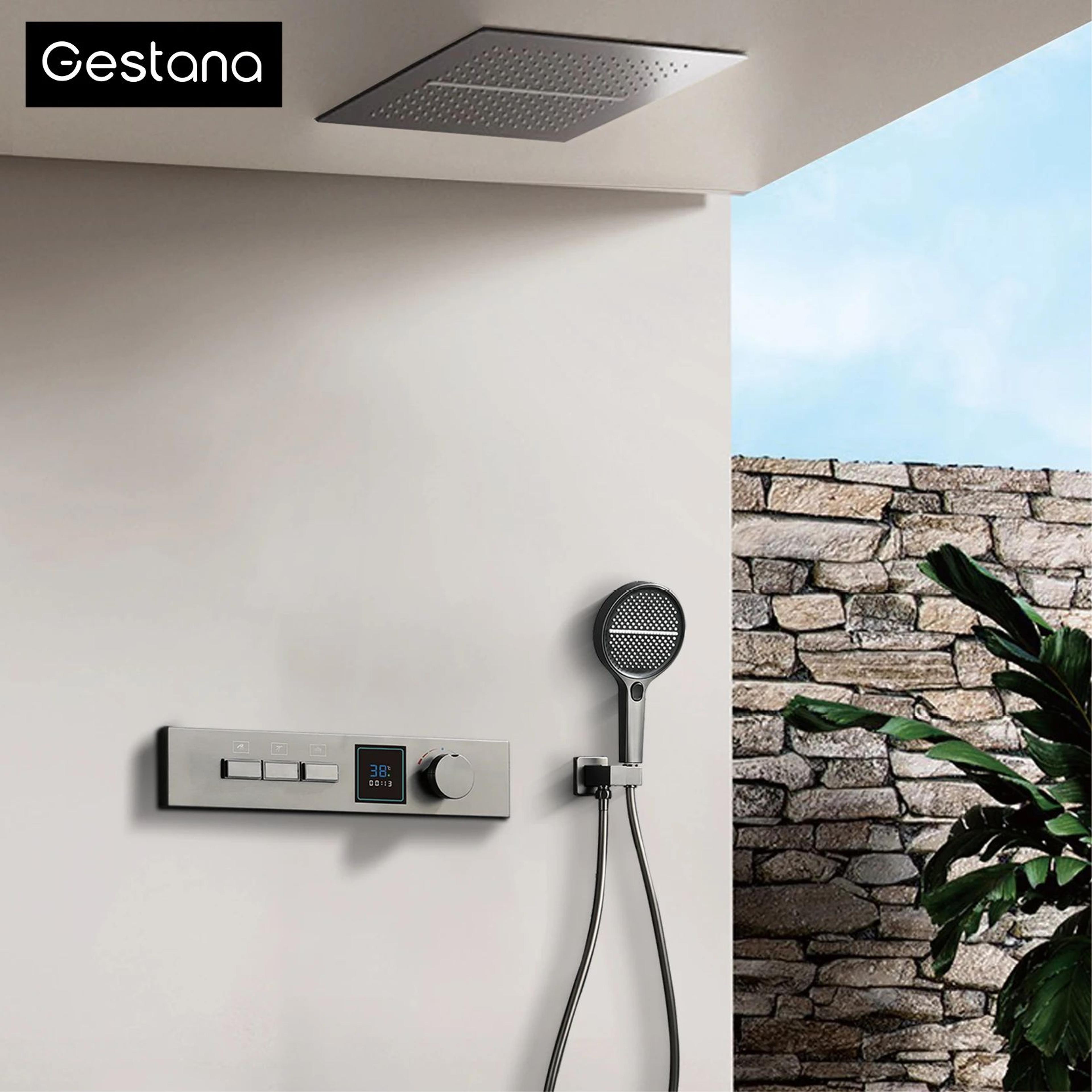 Gunmetal Brass Ceiling Shower System With LED Temperature Display DualMode Rainfall  Waterfall 5