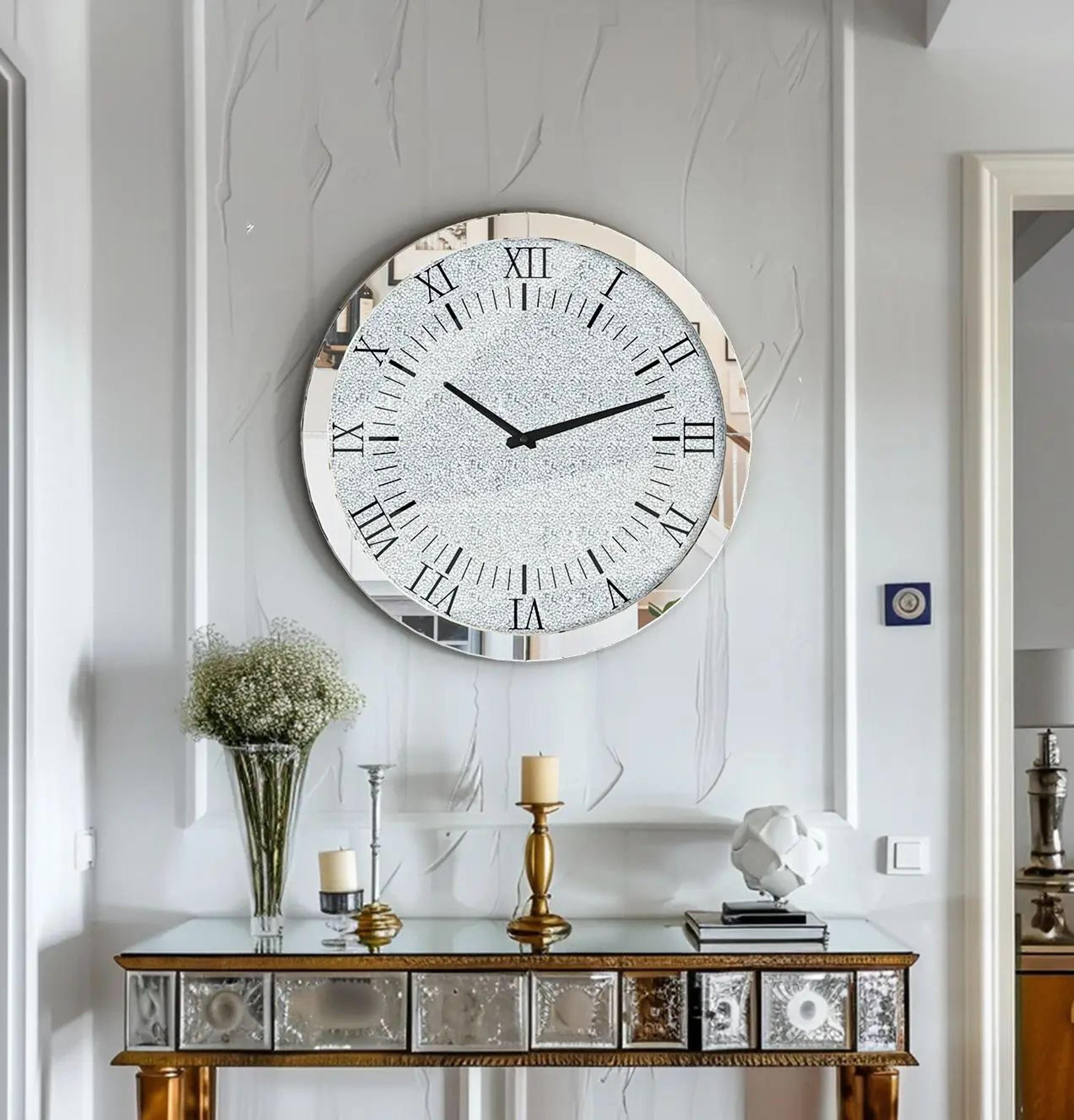 crystal luxe crushed diamond mirrored wall clock – 60cm silver crystal decor