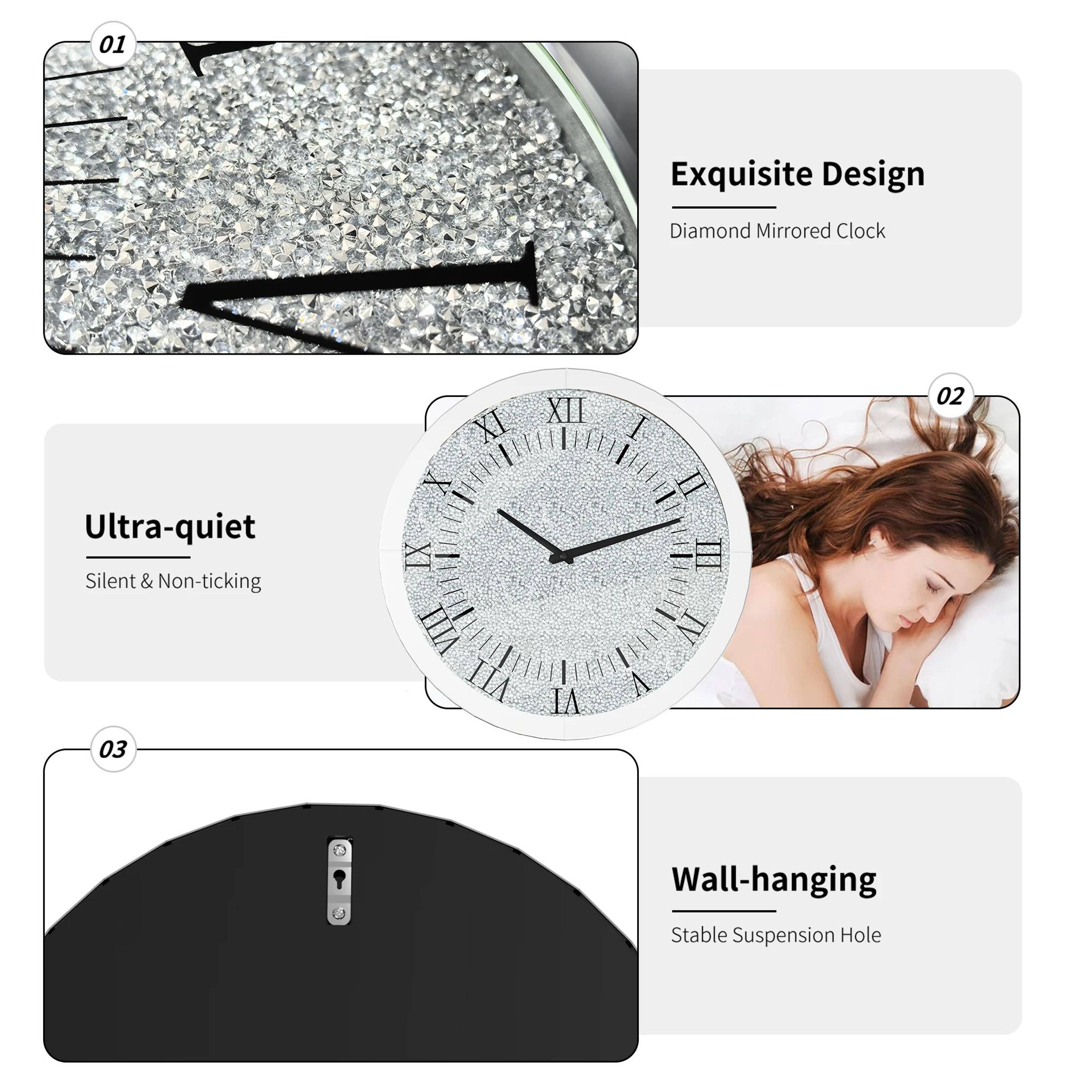 Crystal Luxe Crushed Diamond Mirrored Wall Clock  60cm Silver Crystal Decor 5