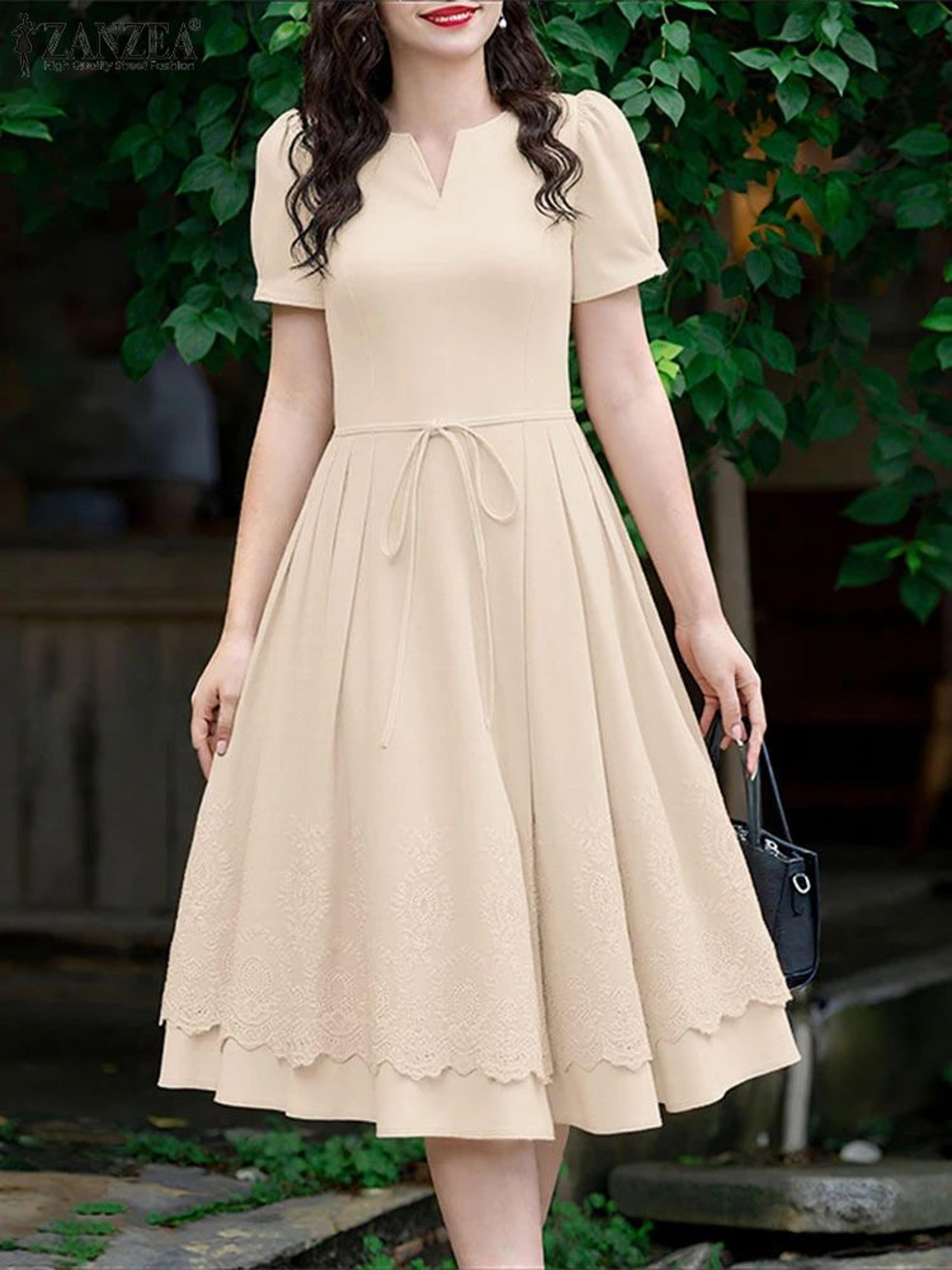 ZANZEA Lace Patchwork Summer Midi Dress With Puff Sleeves  Elegant Casual Sundress For Women 1
