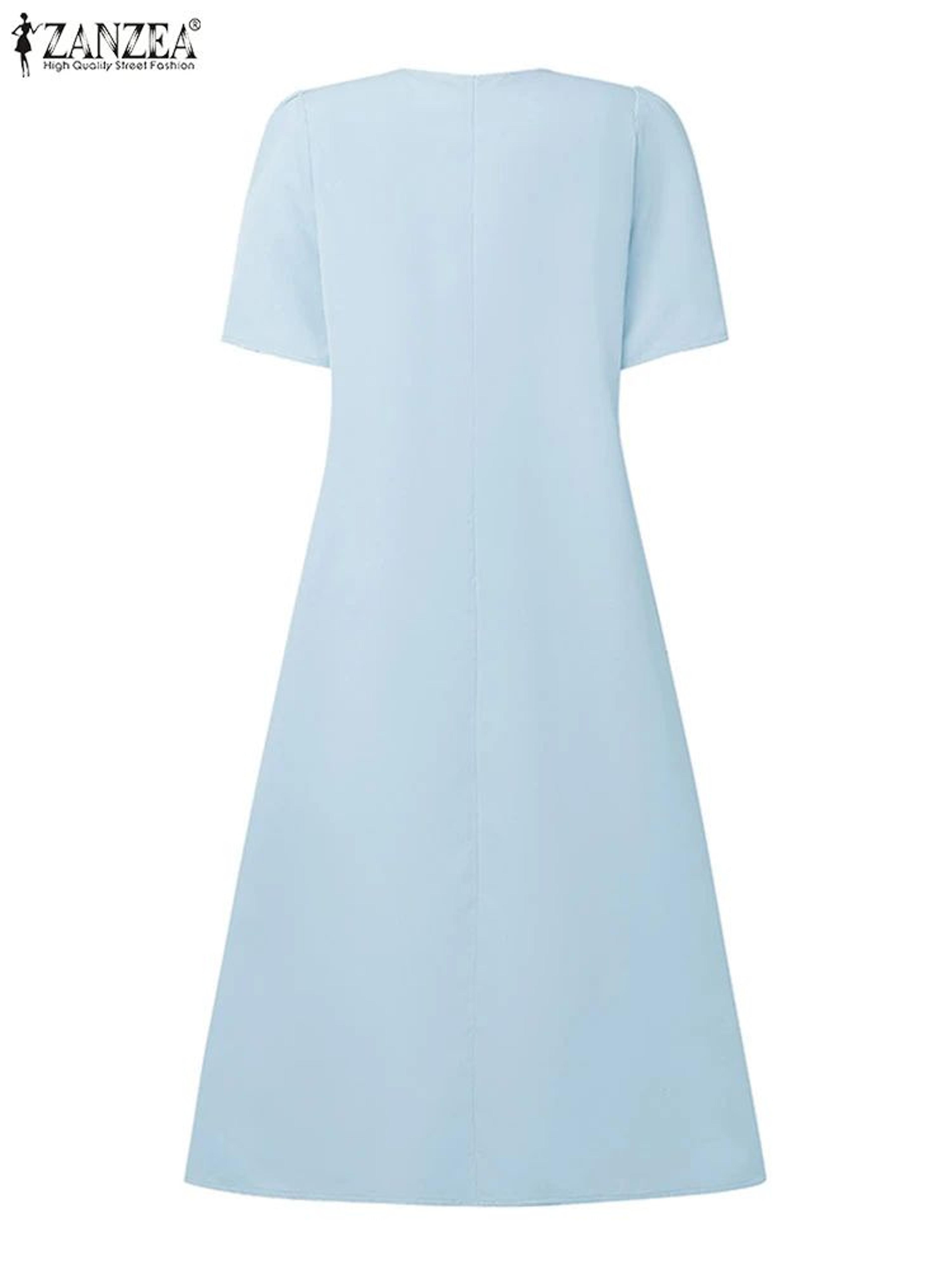 ZANZEA Lace Patchwork Summer Midi Dress With Puff Sleeves  Elegant Casual Sundress For Women 5