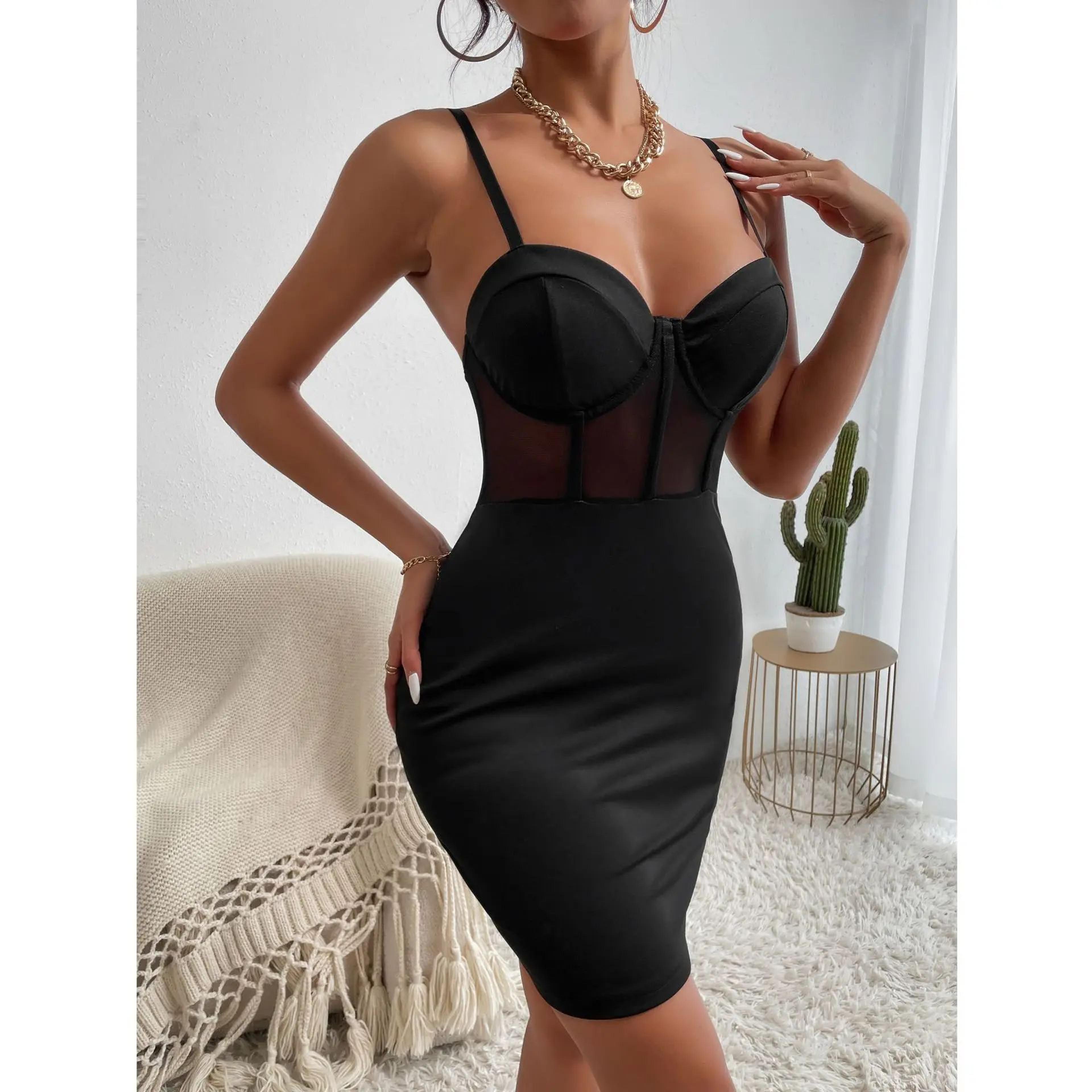 Y2K Sheer Mesh Halter Bodycon Dress  Fishbone Corset Club Party Dress 5