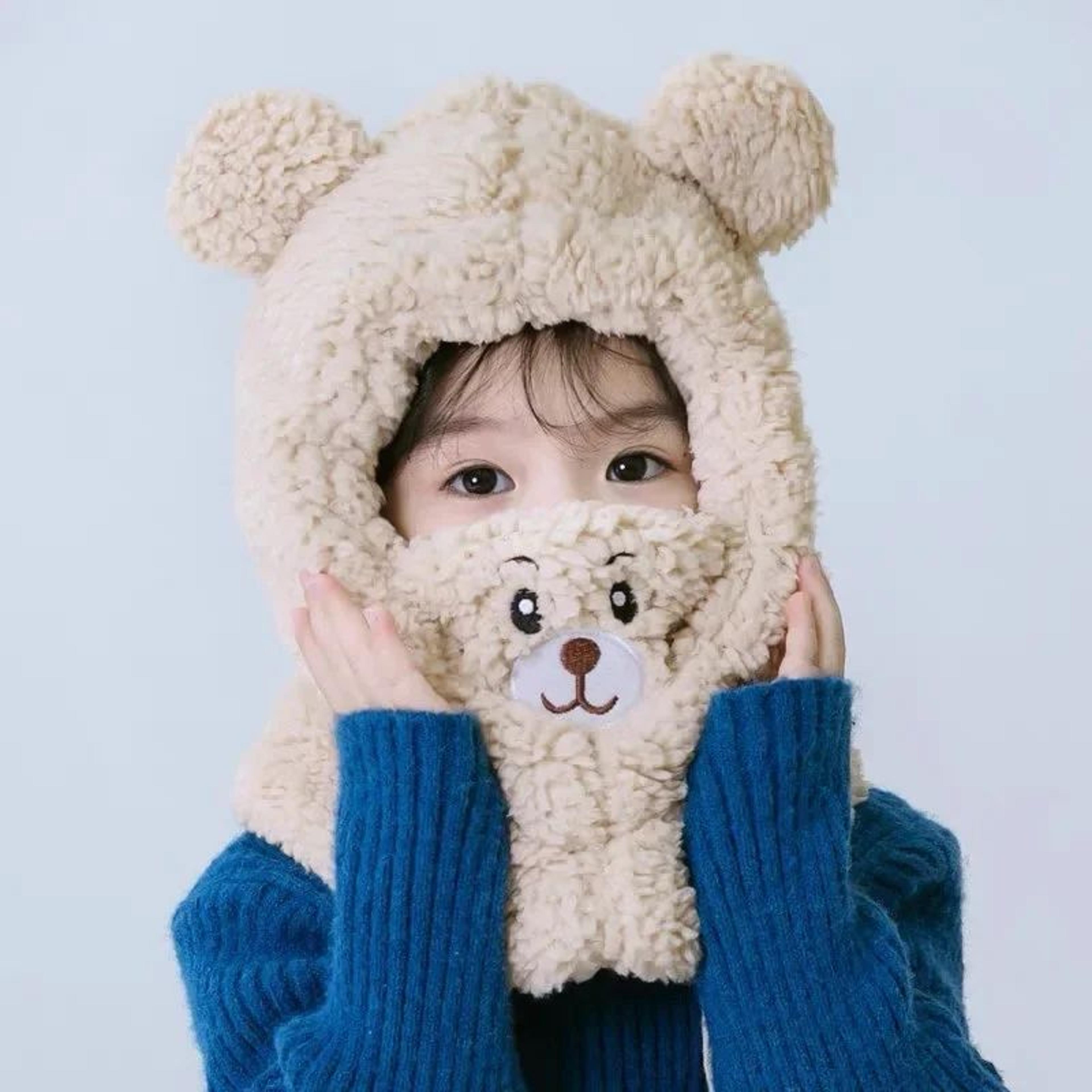 CozyBear Kids Winter Hat With Scarf Hood  Plush Bear Hat For Toddlers  Babies 2
