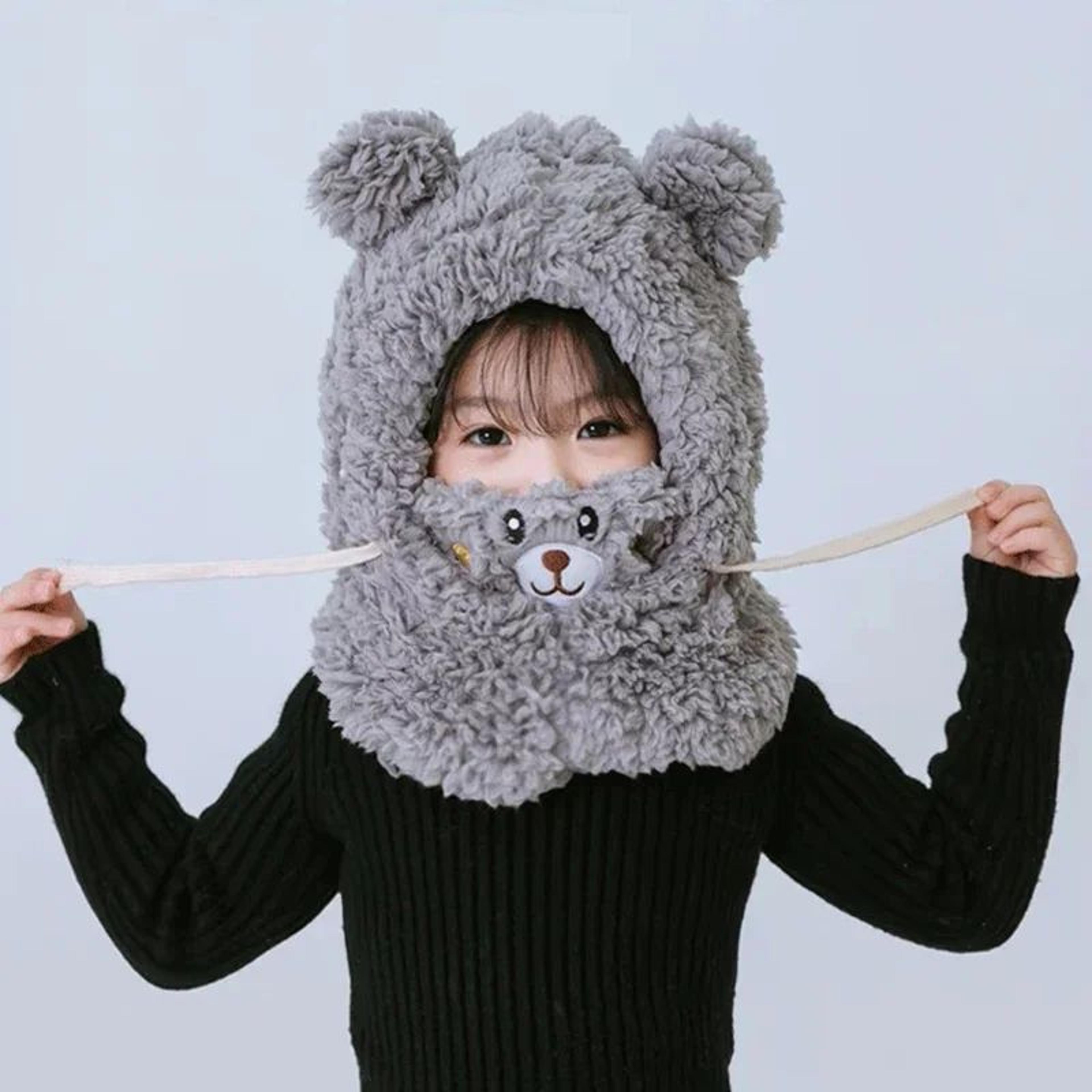 CozyBear Kids Winter Hat With Scarf Hood  Plush Bear Hat For Toddlers  Babies 3
