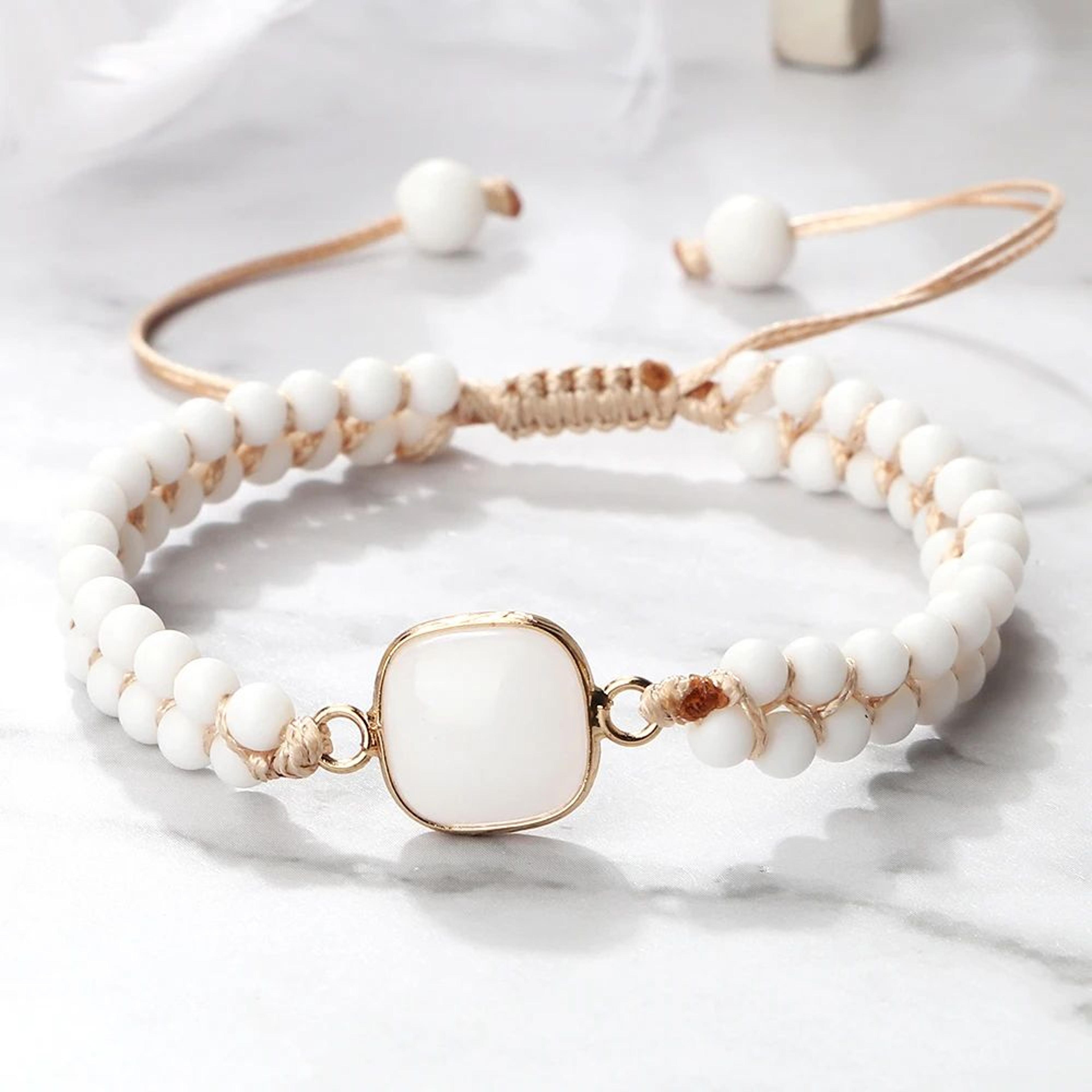 Vintage Howlite Bracelet For Women  Men  4mm White Beaded Bracelet With Handmade Adjustable Braided 4