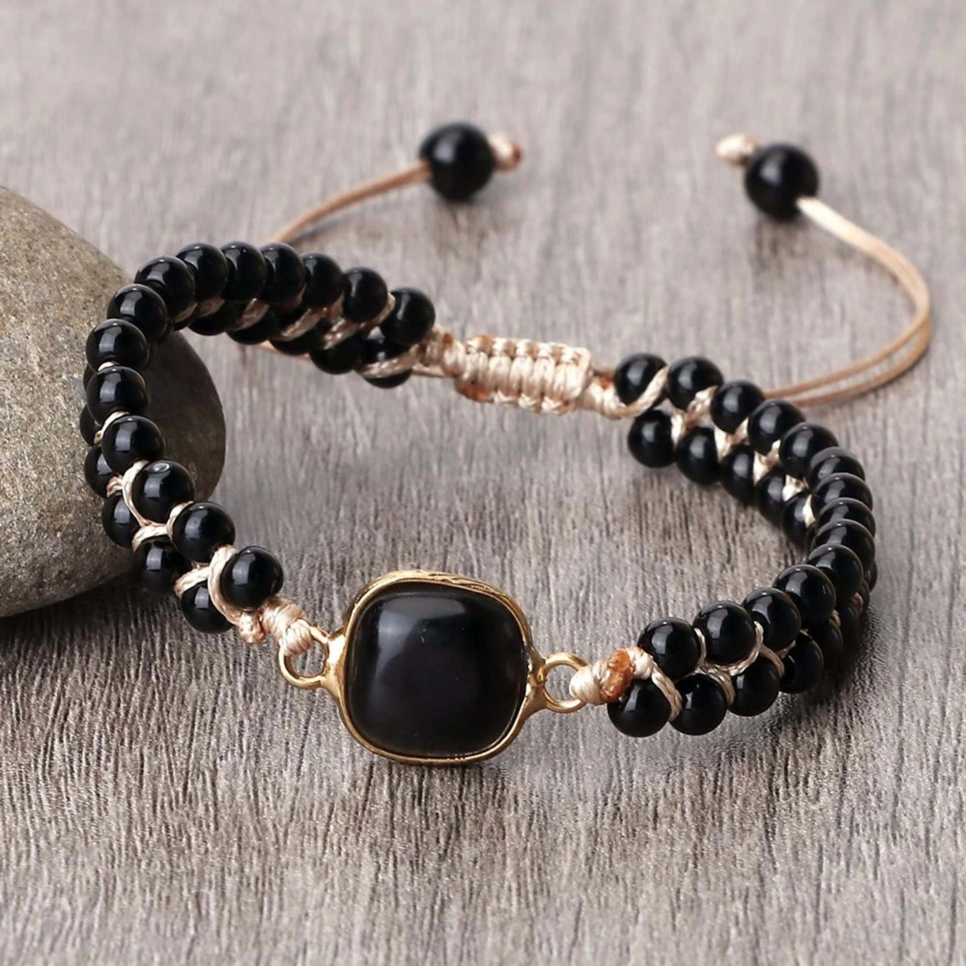 black onyx obsidian bracelet for men & women – adjustable braided handmade prayer bracelet