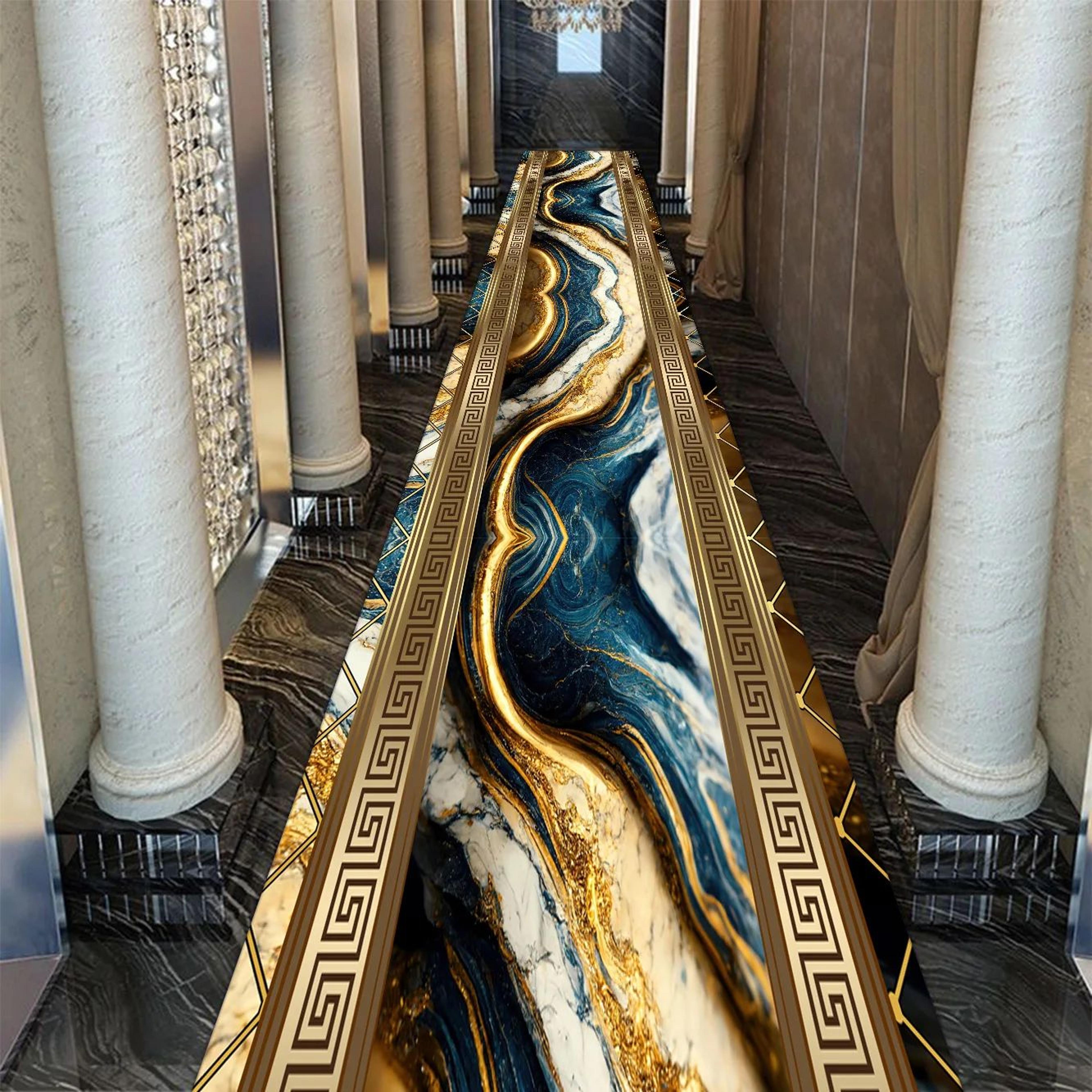 Golden Marble Runner Rug  Luxury NonSlip Hallway  Stair Carpet 3