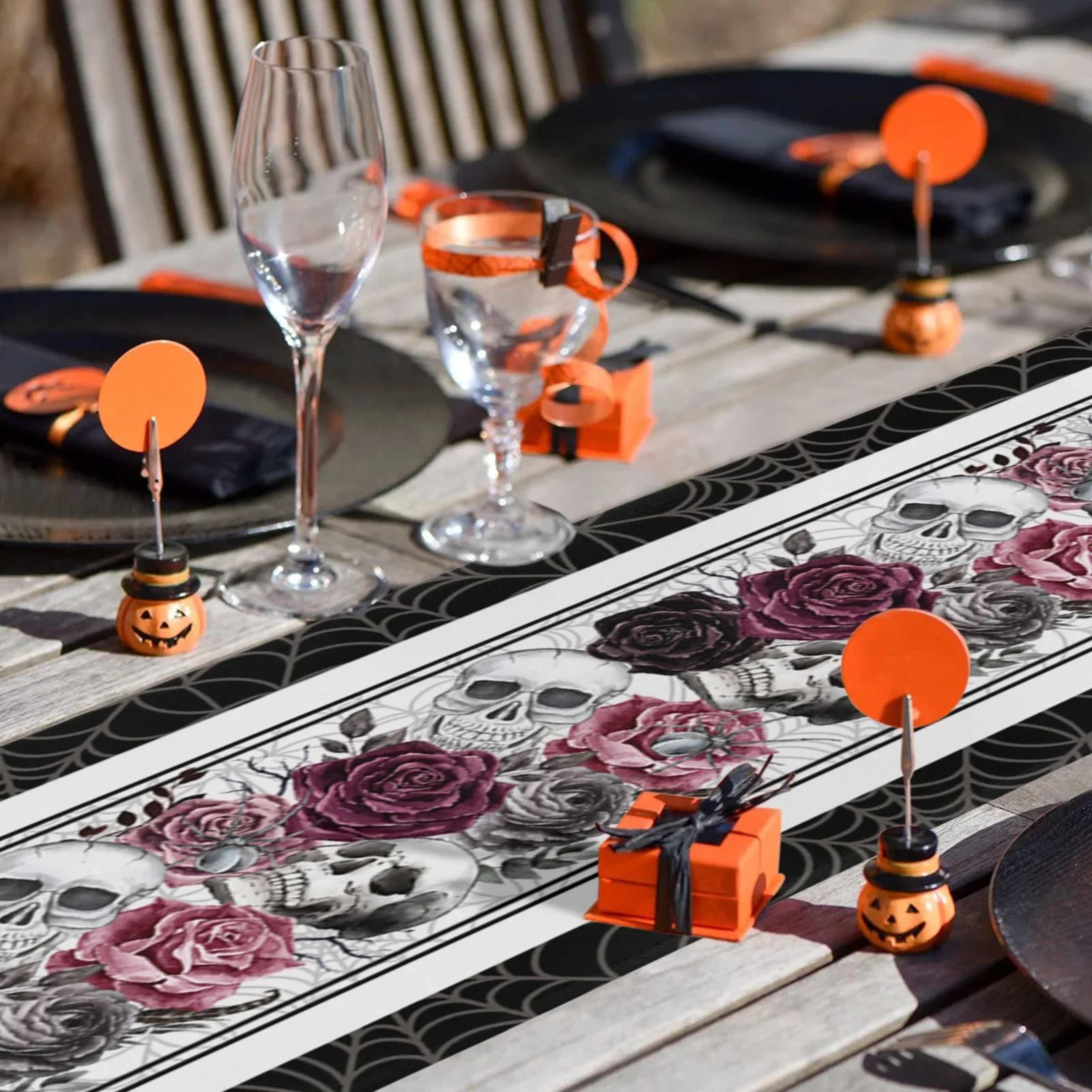 gothic skull rose halloween table runner – linen party decor accent