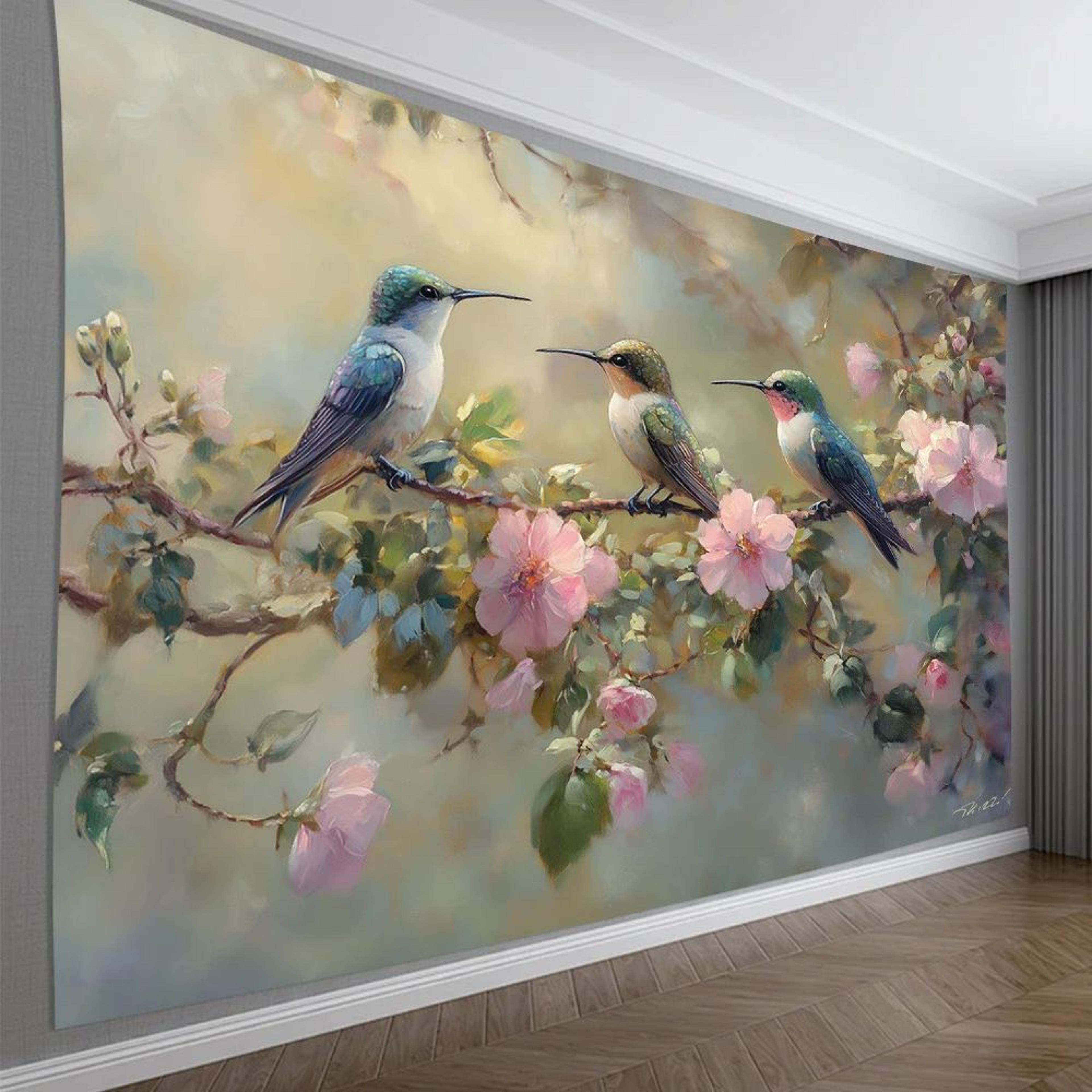 Hummingbird Wall Tapestry Floral Wall Hanging Nature Bird Decor 2
