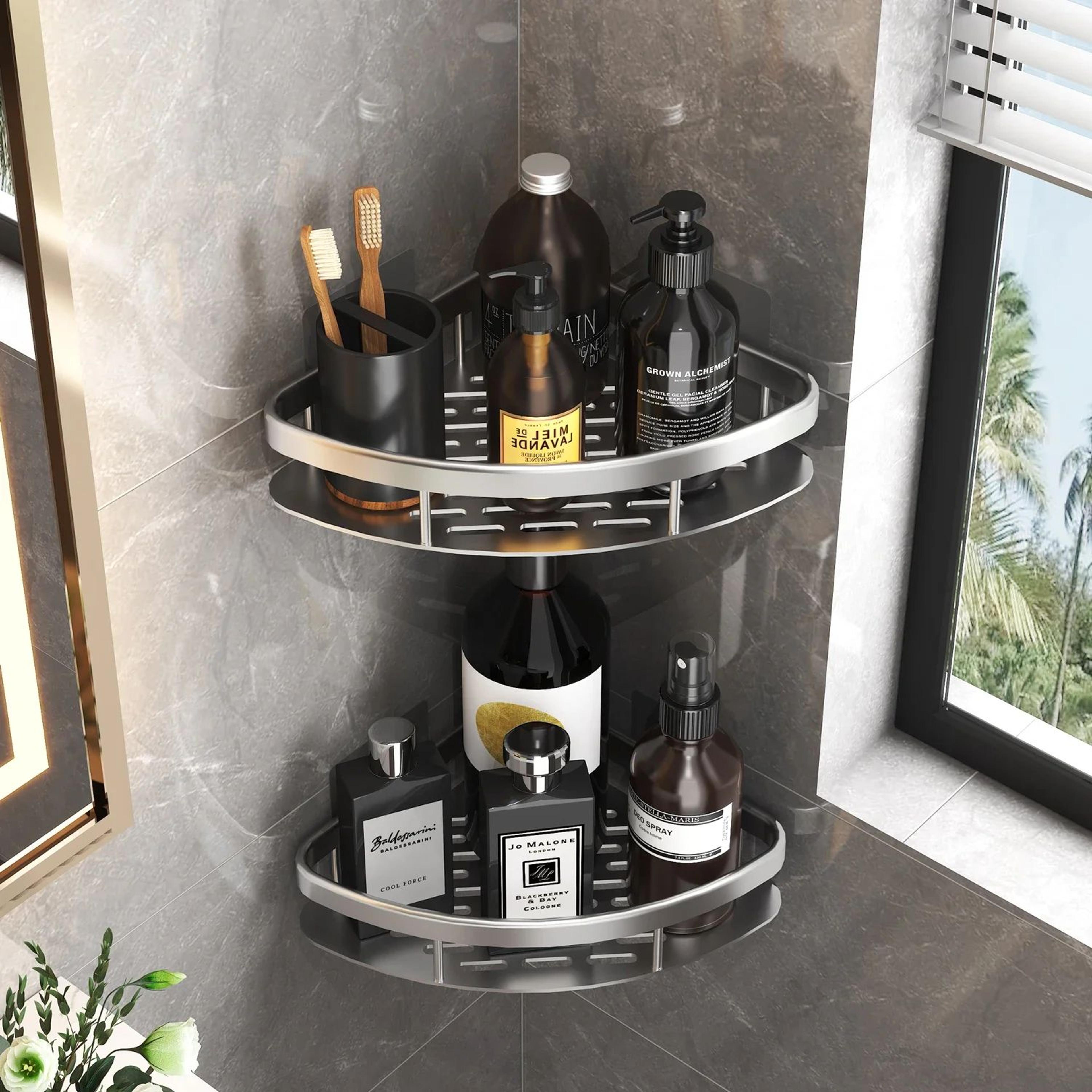 No Drill Aluminum Bathroom Corner Shelf Shower Organizer 1