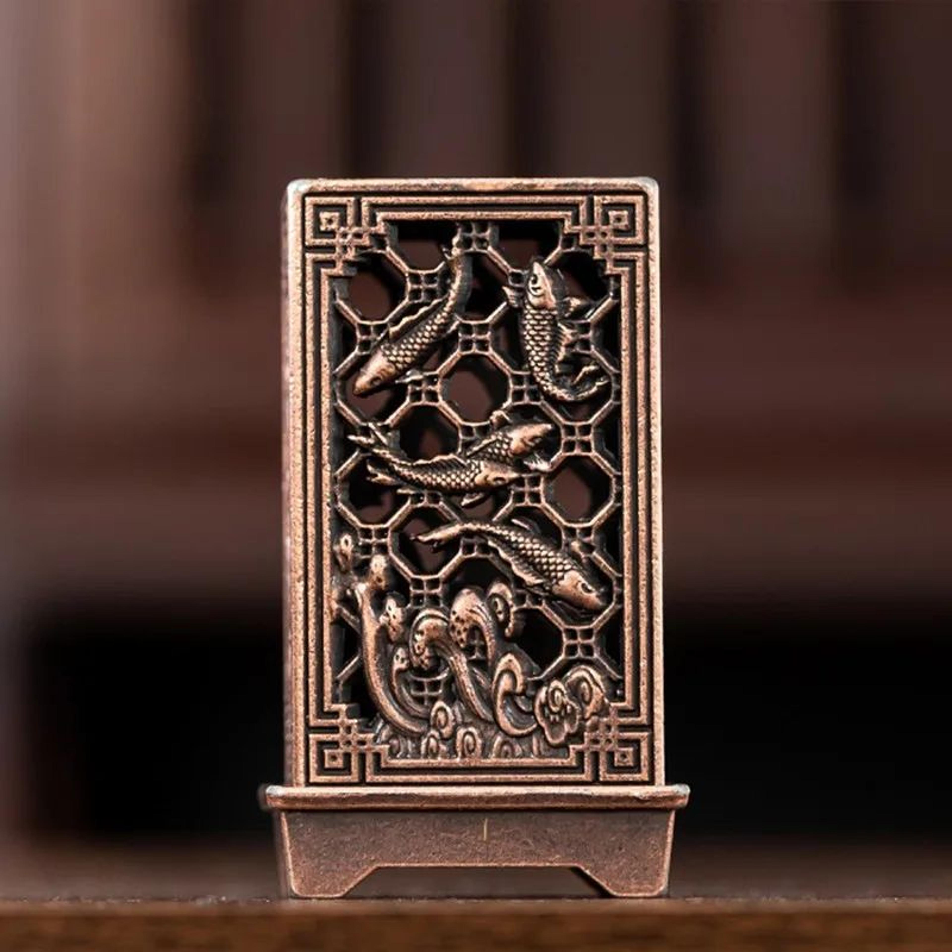 Square Vertical Zinc Alloy Incense Burner With Chinese Plum Design 9