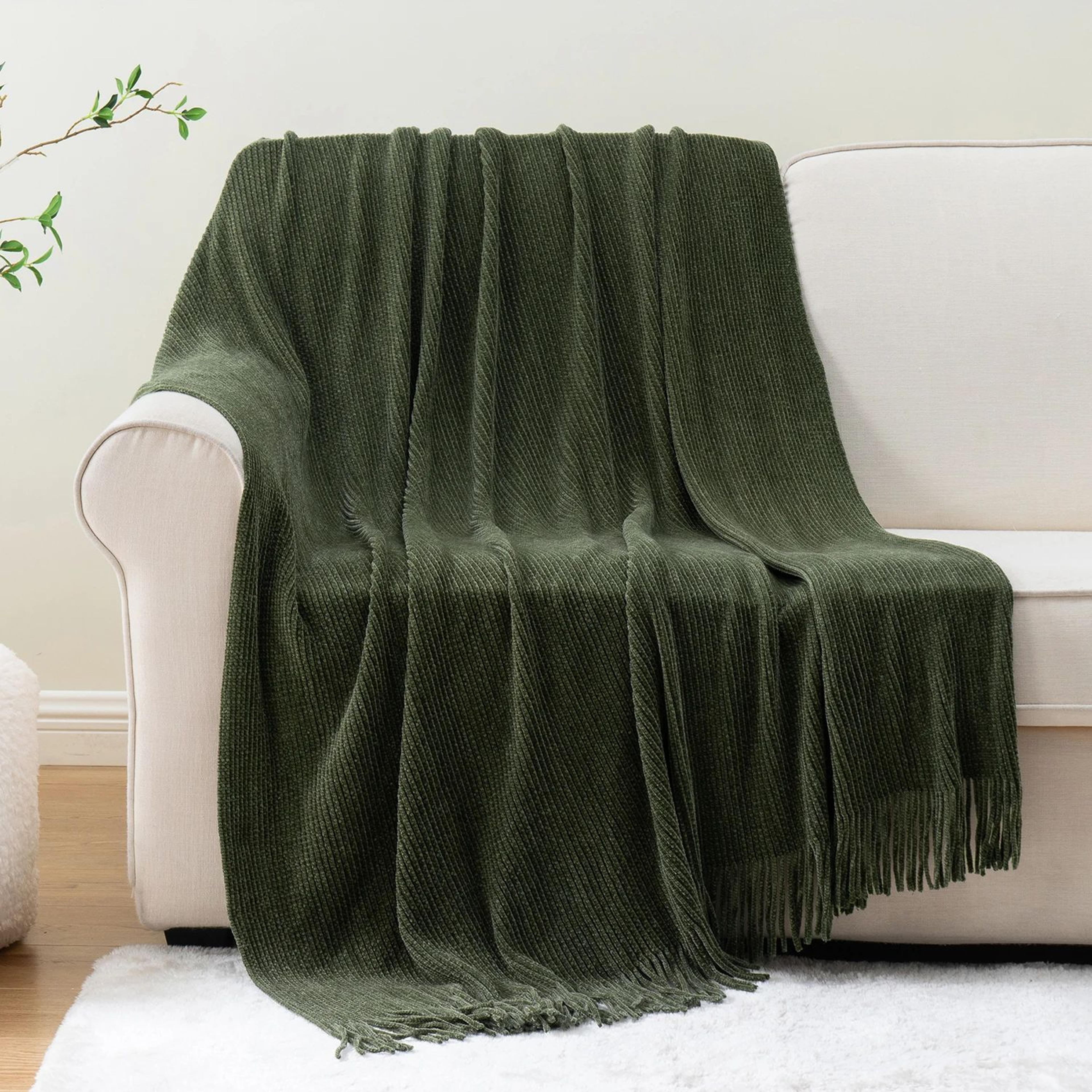 Battilo Green Plaid Chenille Knit Throw Blanket With Tassels For Couch And Bed 2