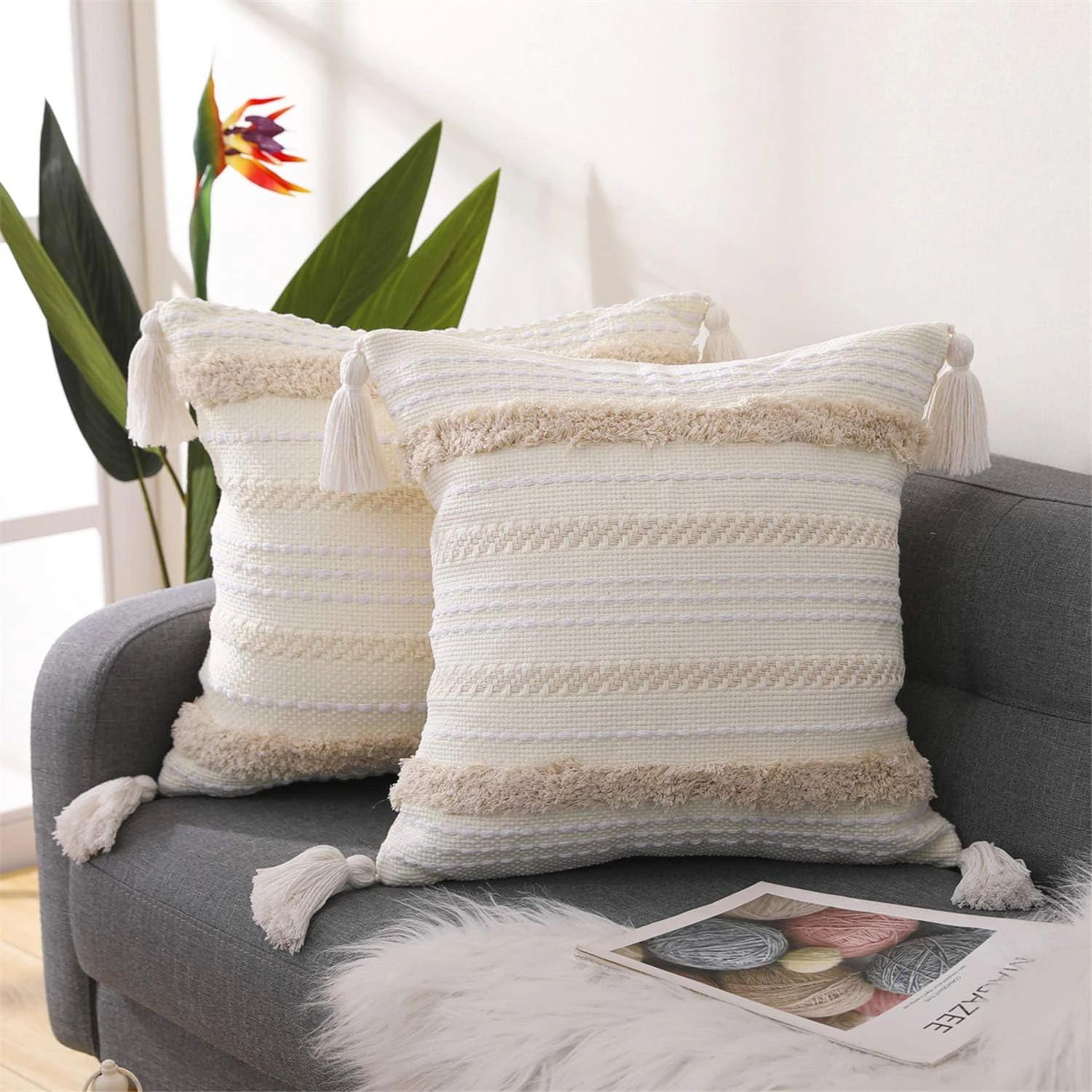 Boho Tufted Throw Pillow Cover With Tassels Neutral Woven Cushion Cover 1
