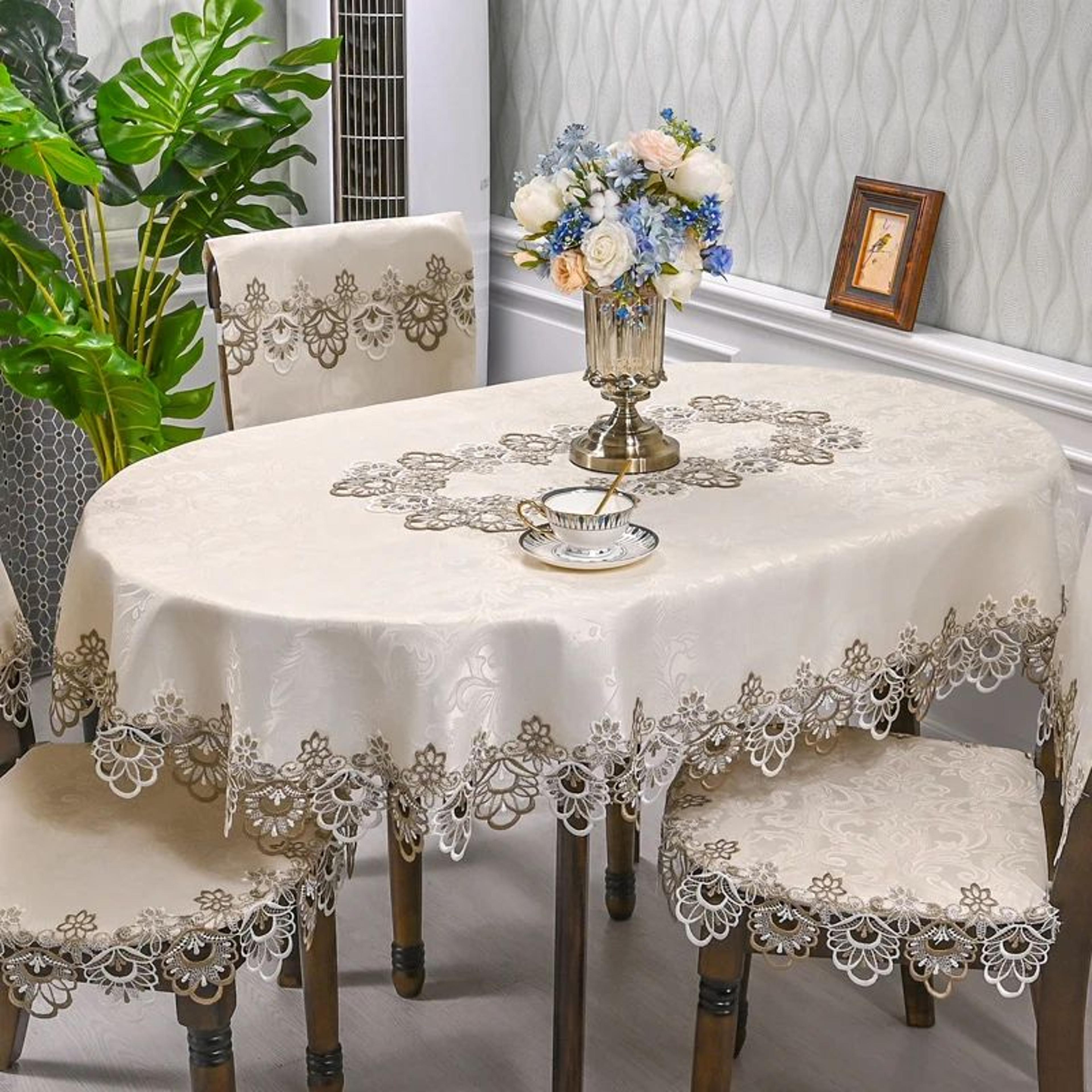 elegant oval macrame lace tablecloth with embroidered floral design