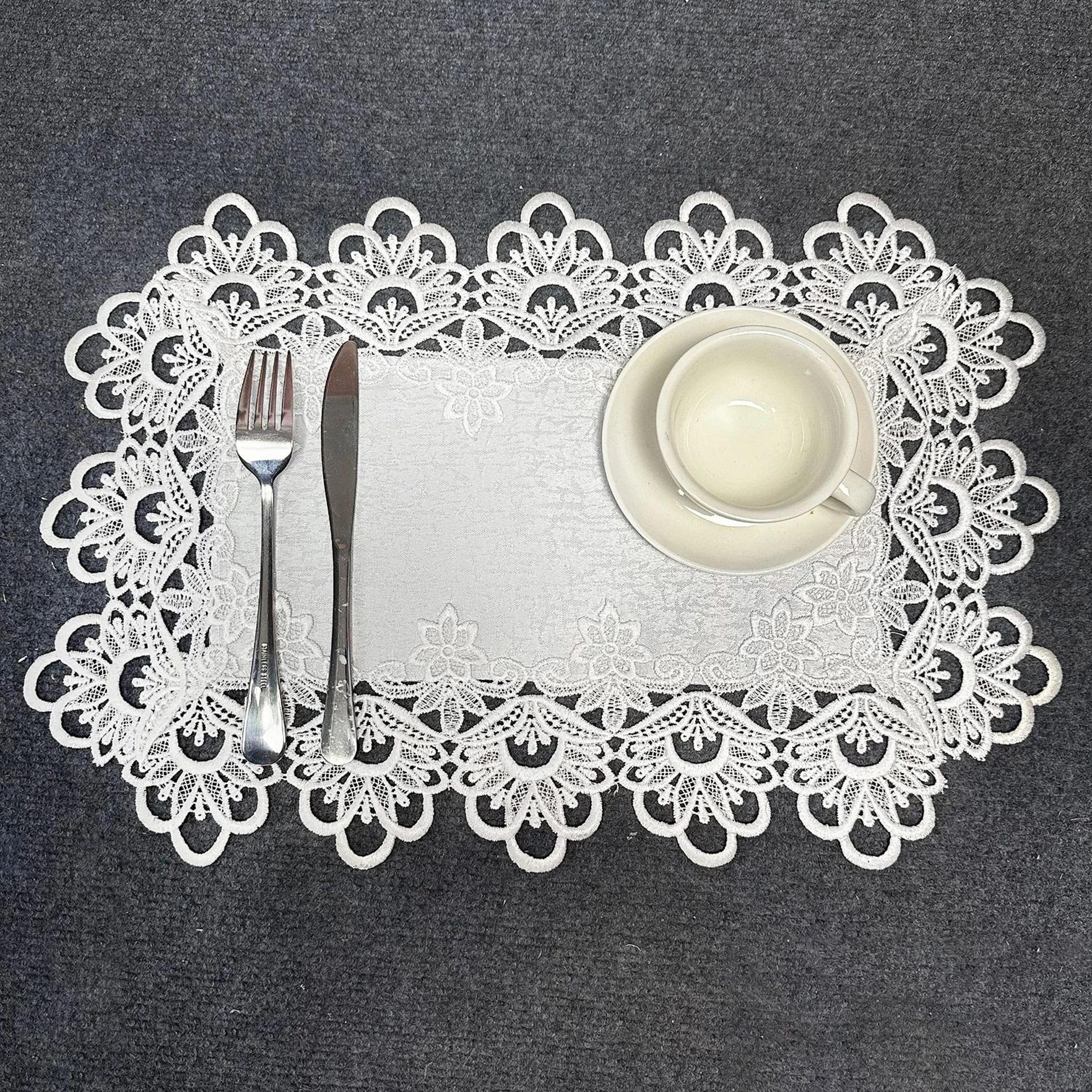 White Embroidered Lace Placemats Set Of 2  Elegant Rectangle Dining Table Mats 6