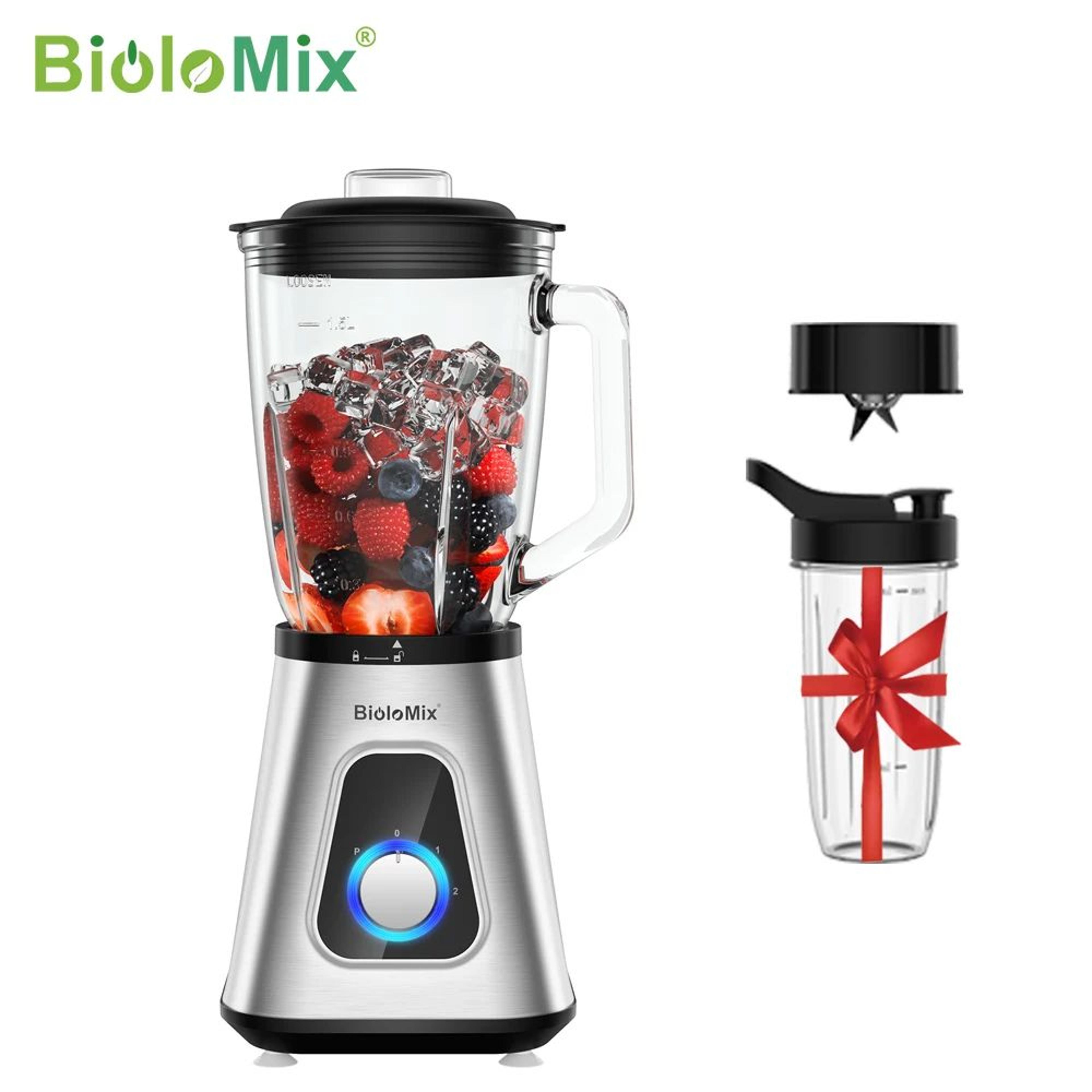 biolomix 1300w glass jar smoothie blender with 1.5l jar and 600ml travel cup