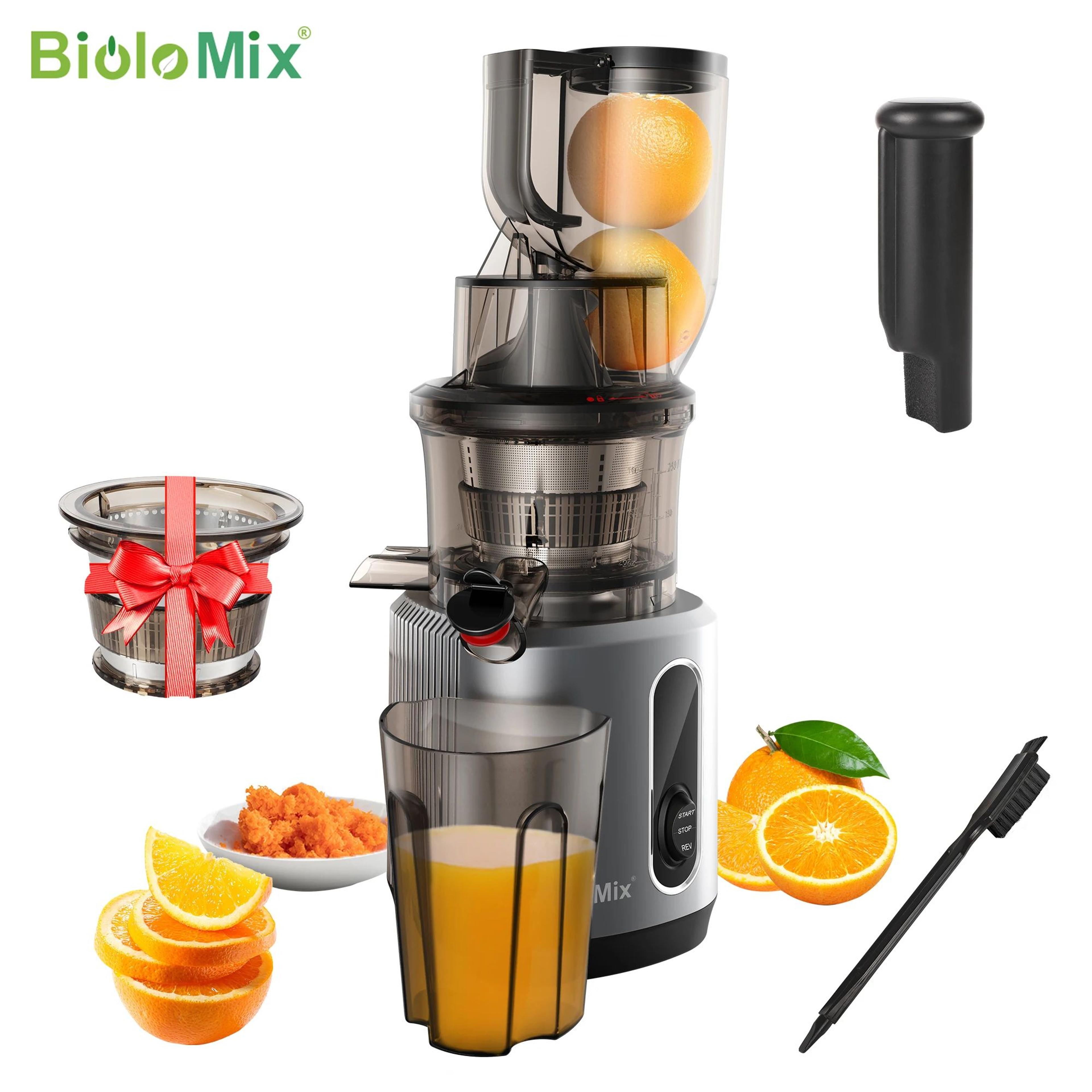 biolomix 200w cold press juicer with 75mm wide feed chute and slow masticating extraction
