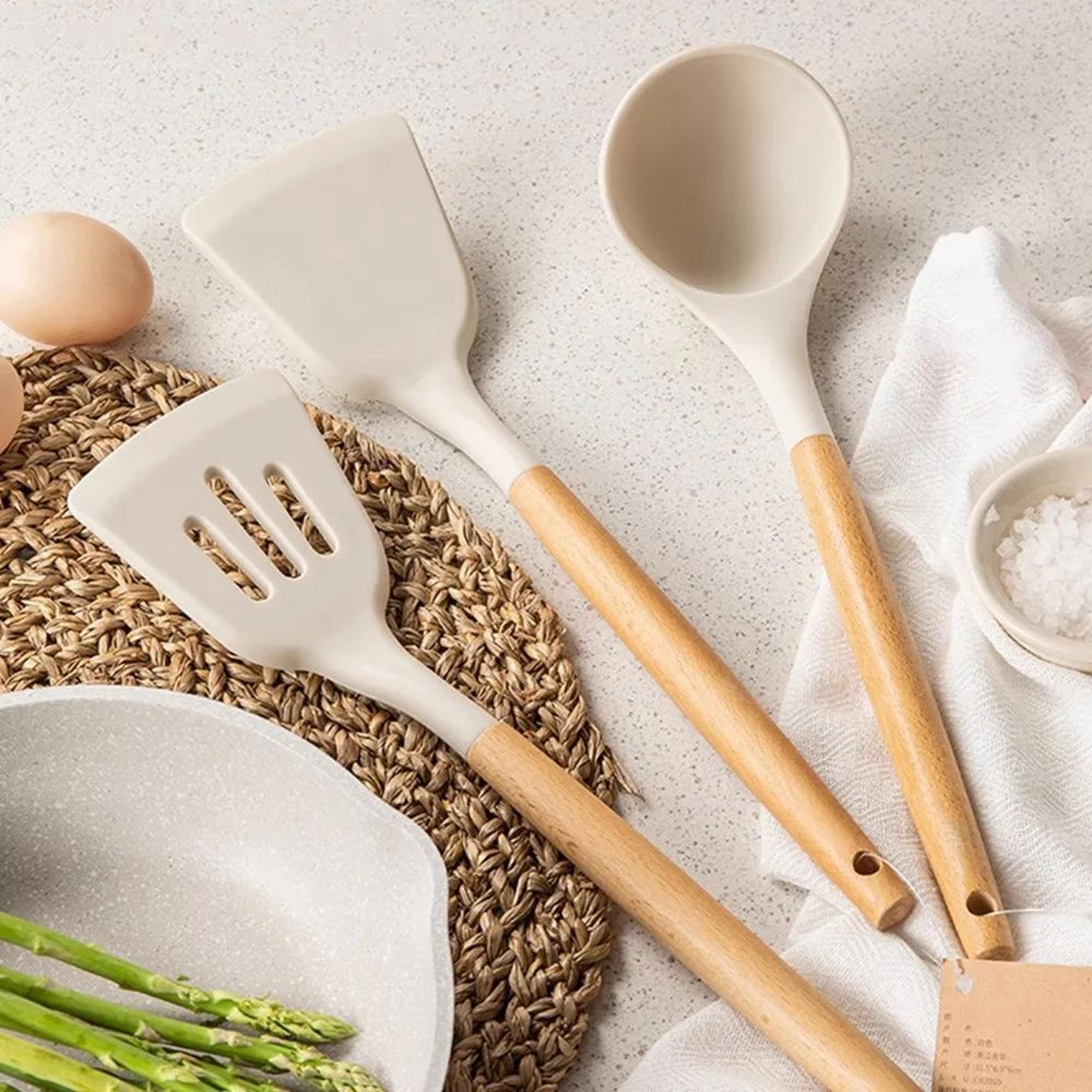 wooden handle silicone cooking utensils for non-stick cookware