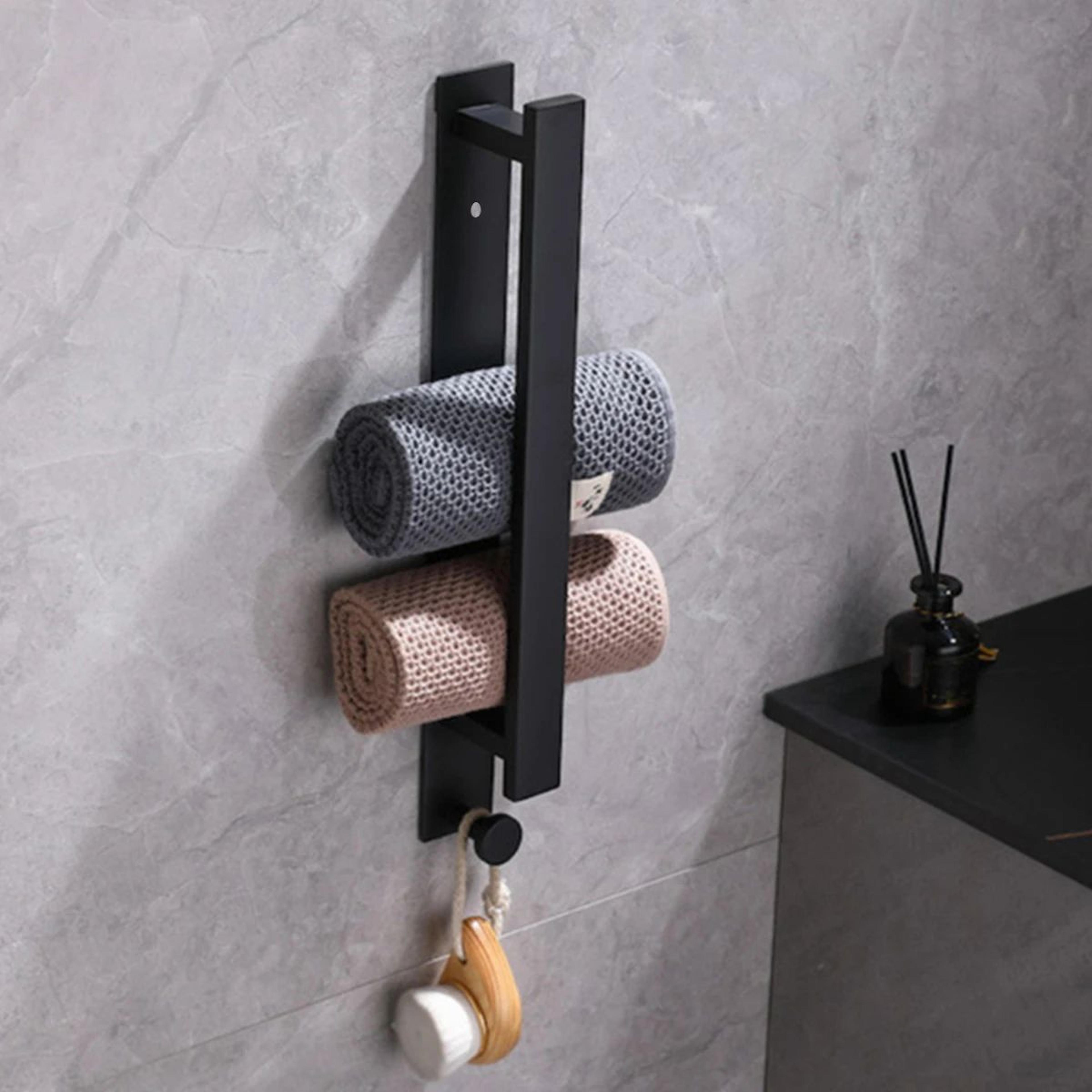 no-drill wall-mounted towel bar with hooks space-saving bathroom organizer