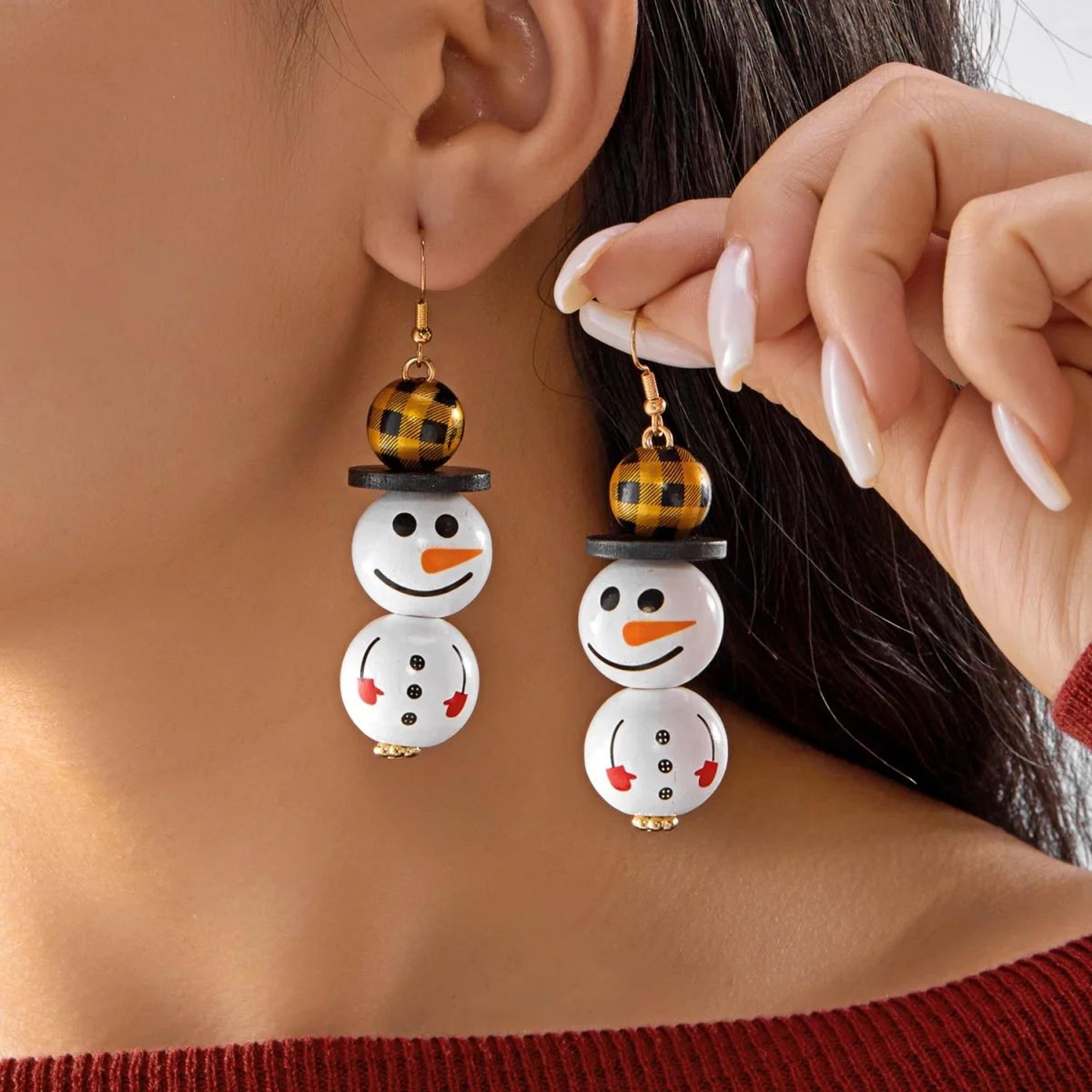 wooden santa and snowman christmas dangle earrings