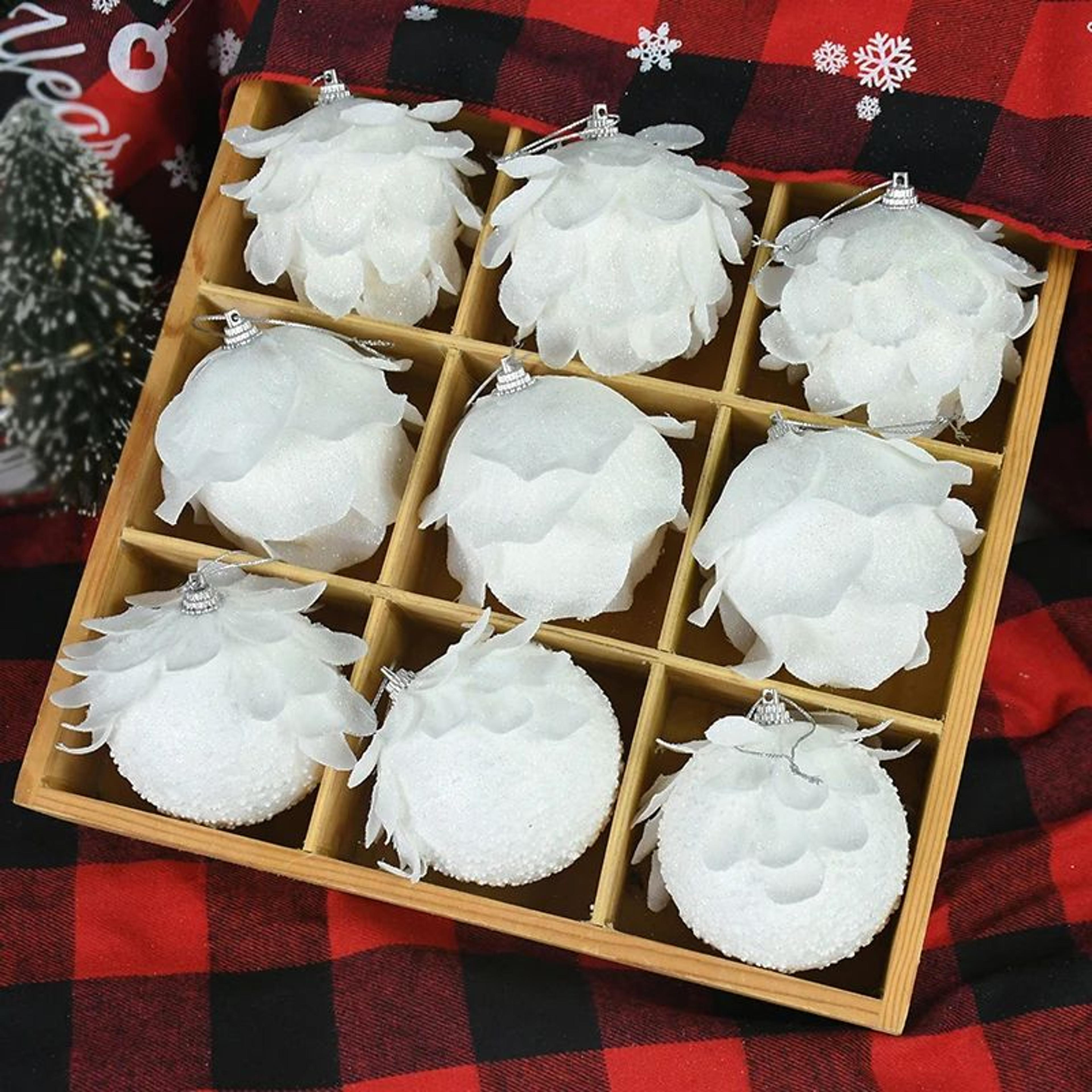 3pcs white glitter petal christmas ball ornaments - foam snowball hanging decor