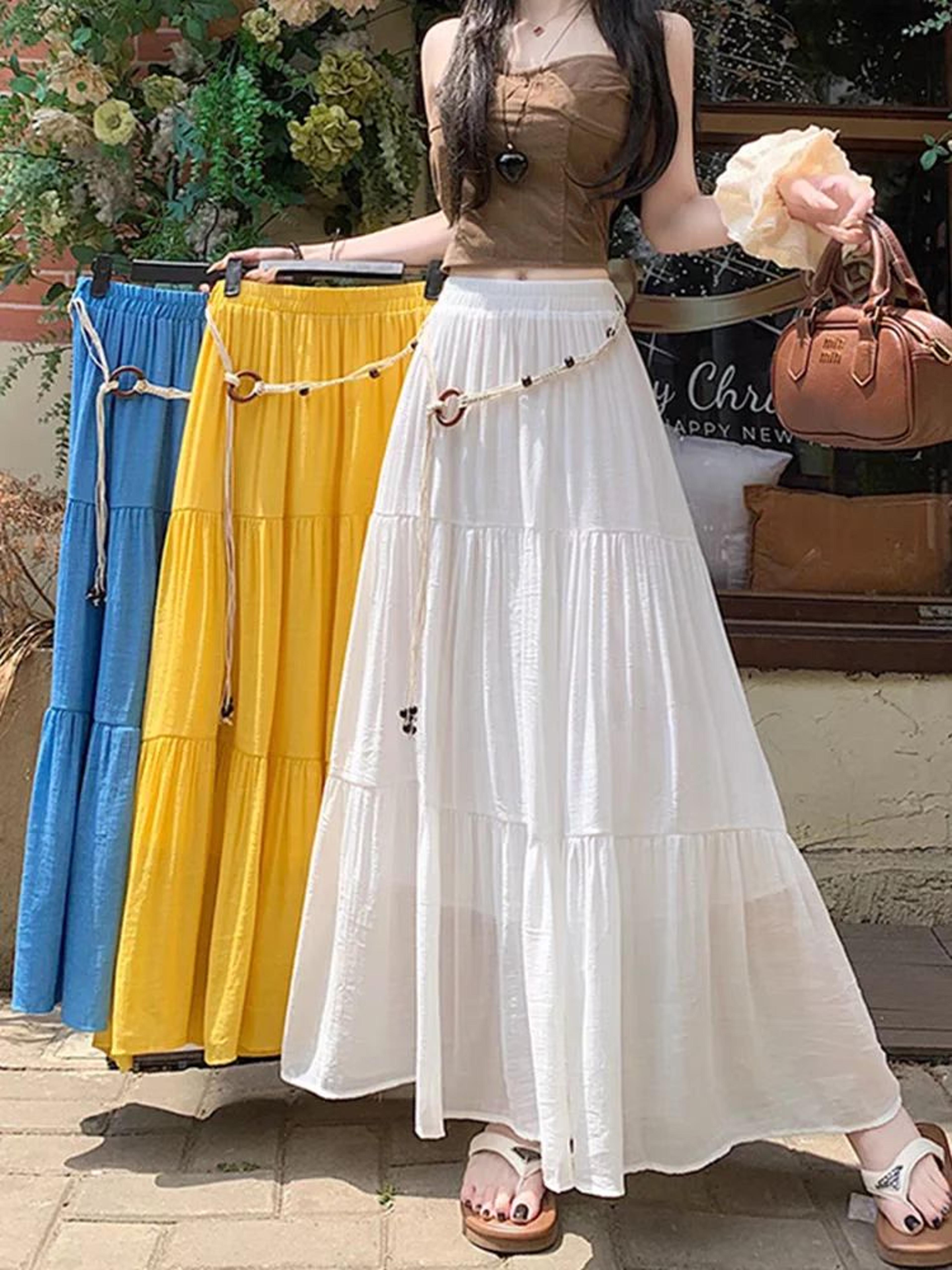women's boho cotton linen midi skirt flowy a-line pleated summer skirt