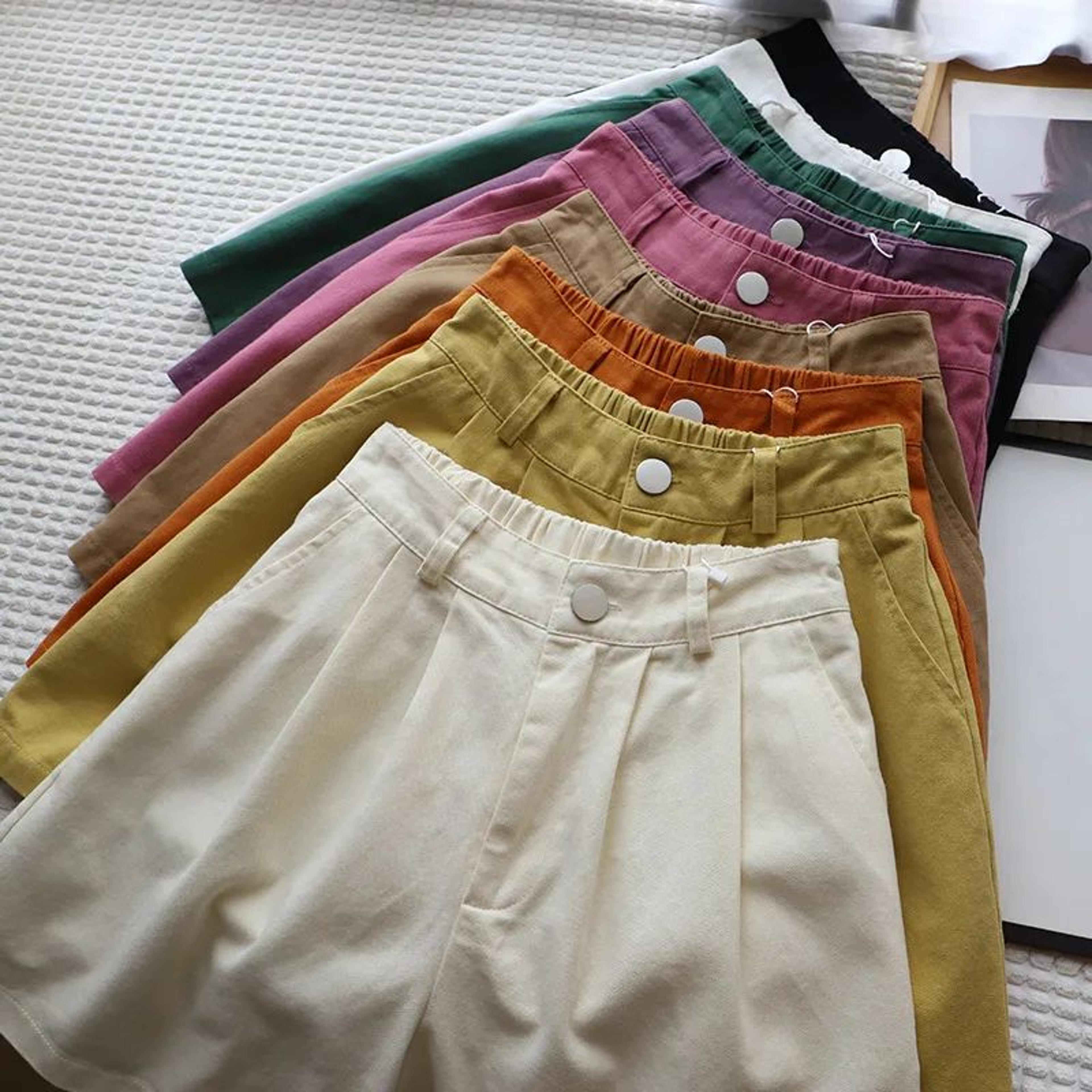 women's high waist washed cotton shorts - loose wide leg summer casual pants