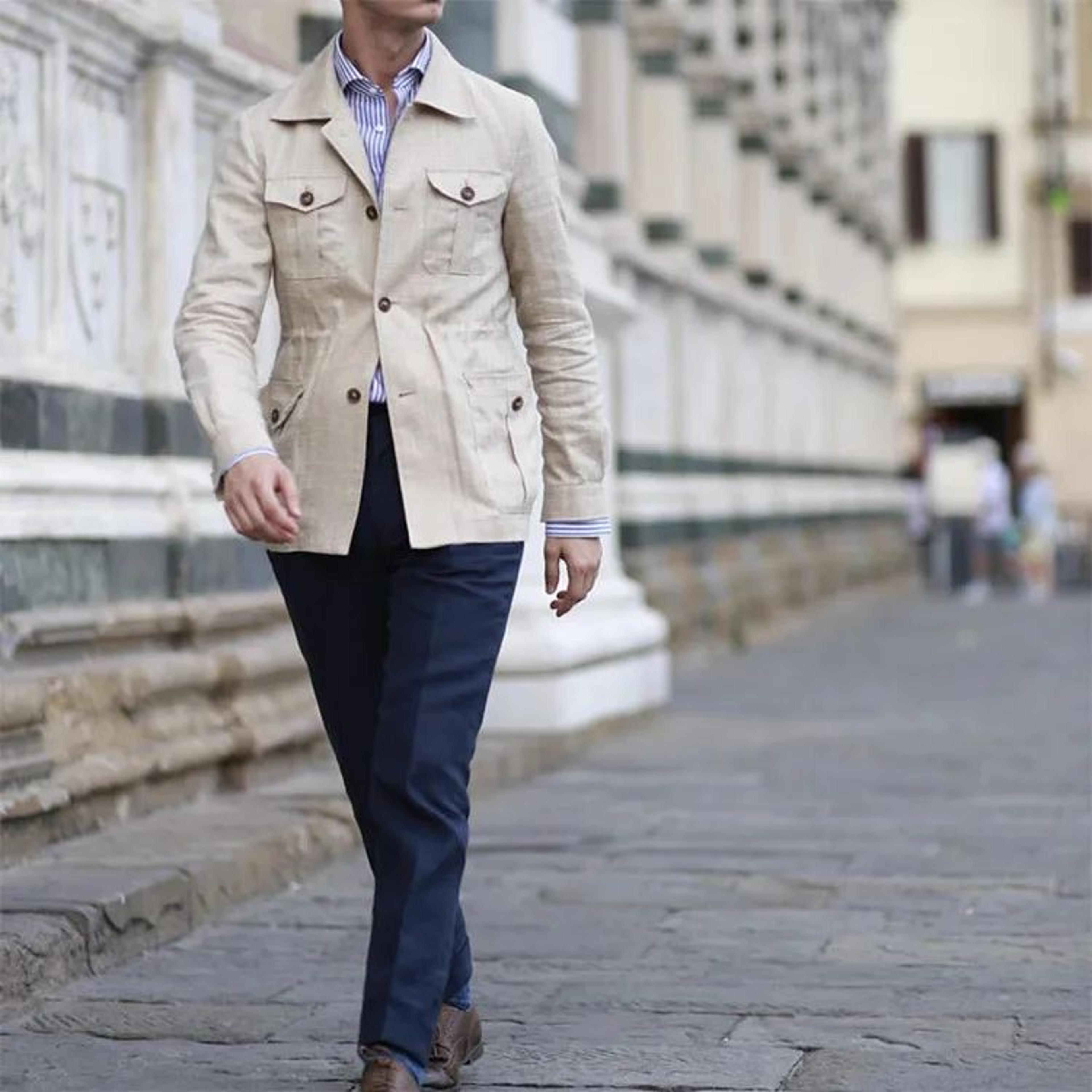 men's vintage british safari jacket linen style casual blazer with pockets