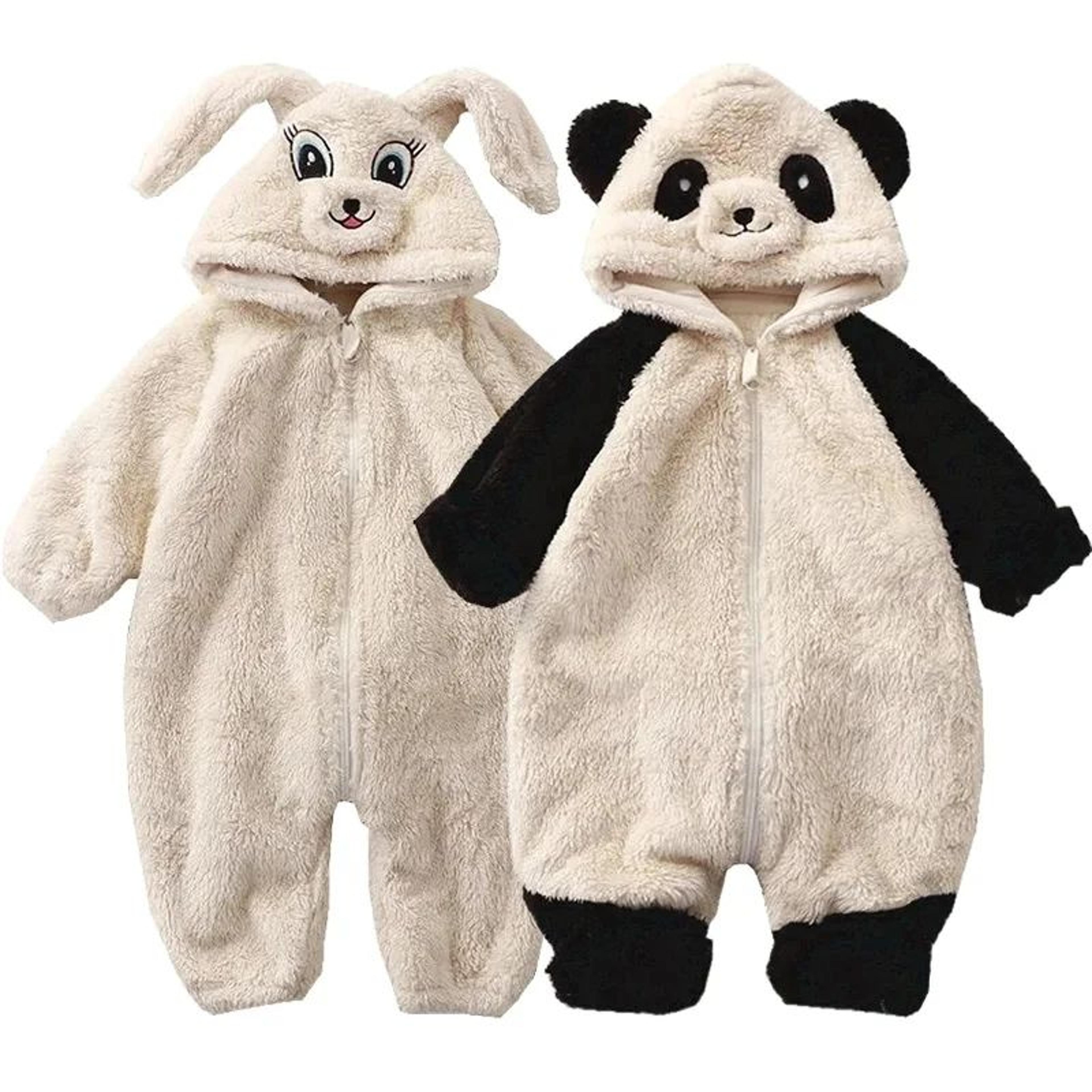 cozy fleece baby winter romper with panda and bunny hood