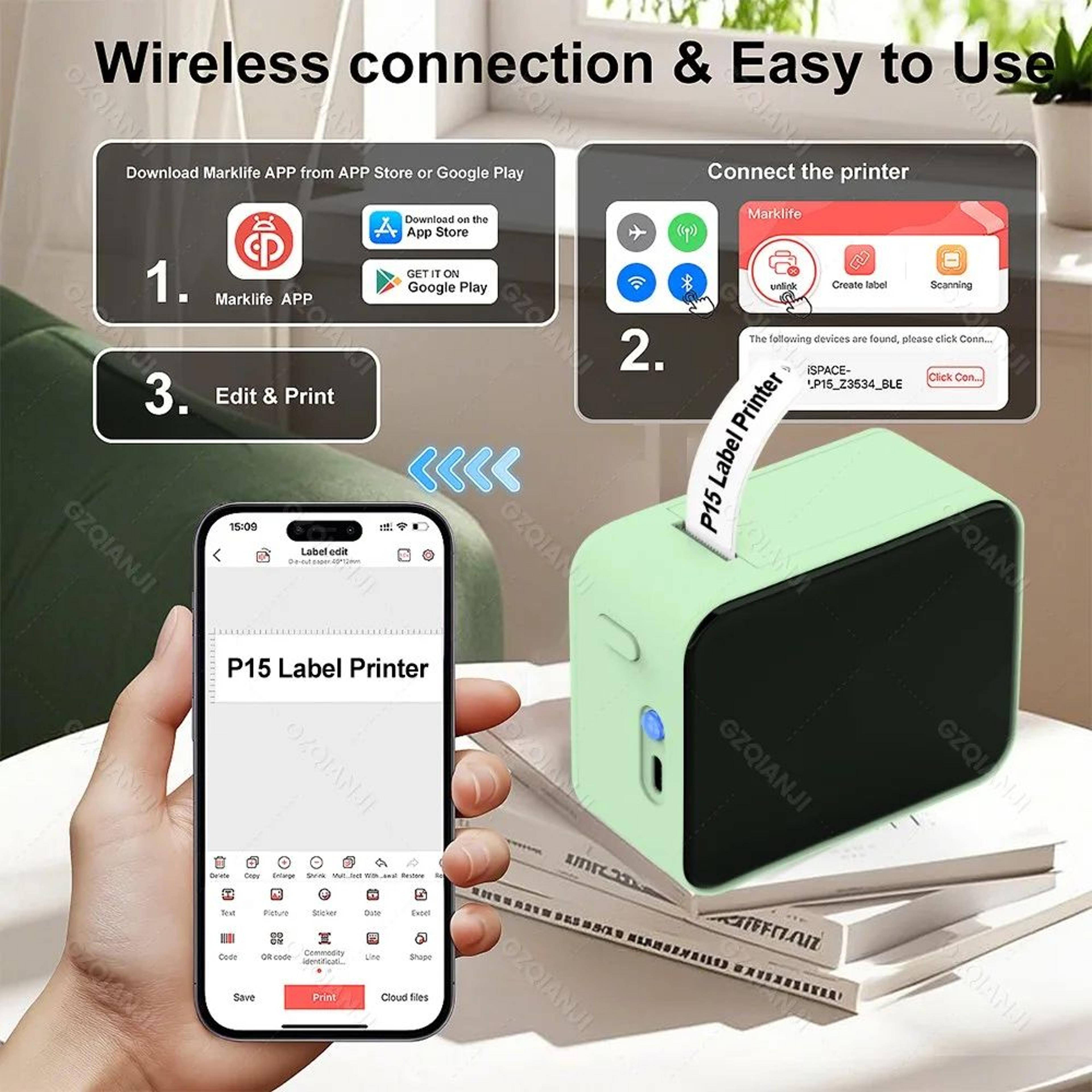 p15 portable bluetooth thermal label printer for home and office organization