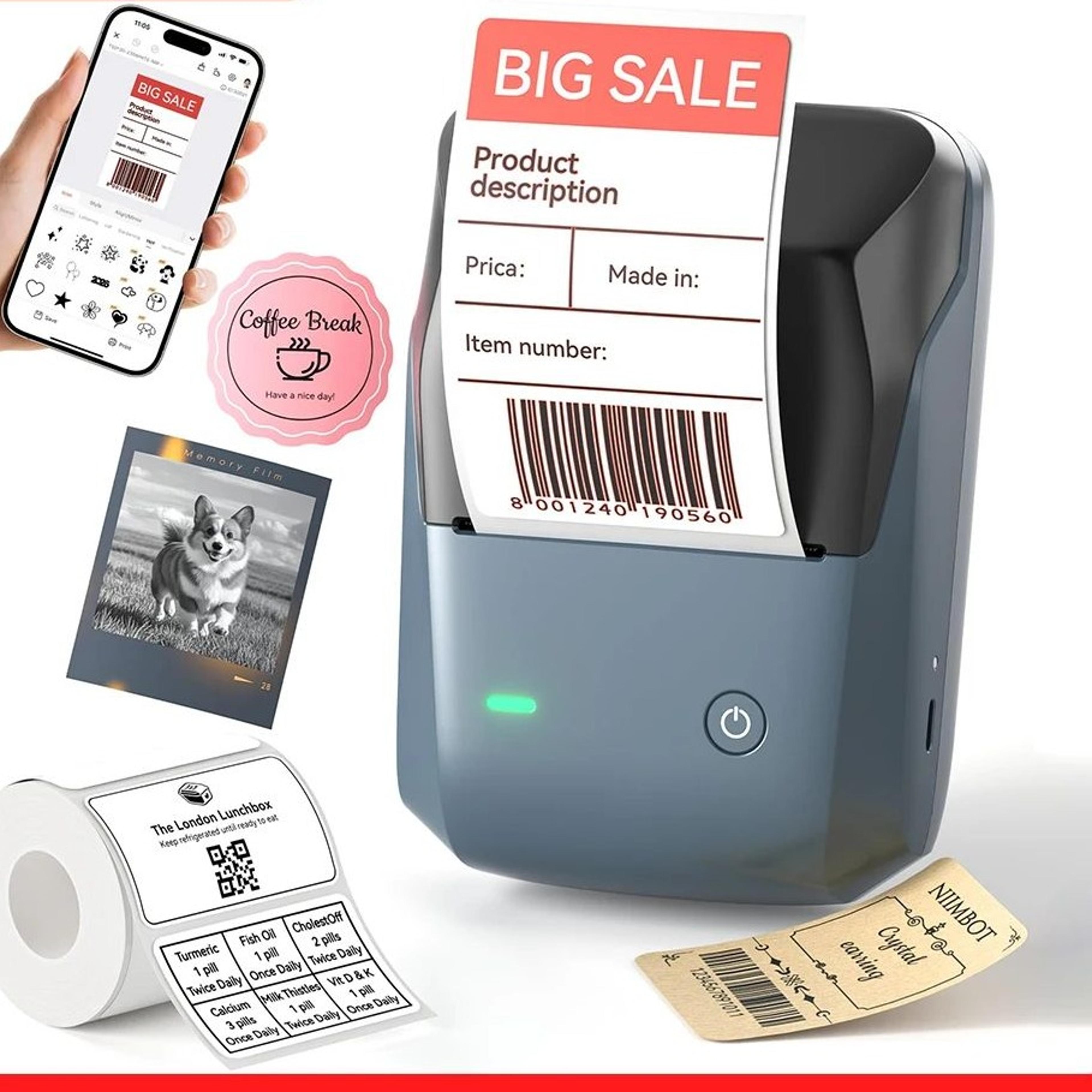 300dpi portable bluetooth thermal label printer with red and black printing