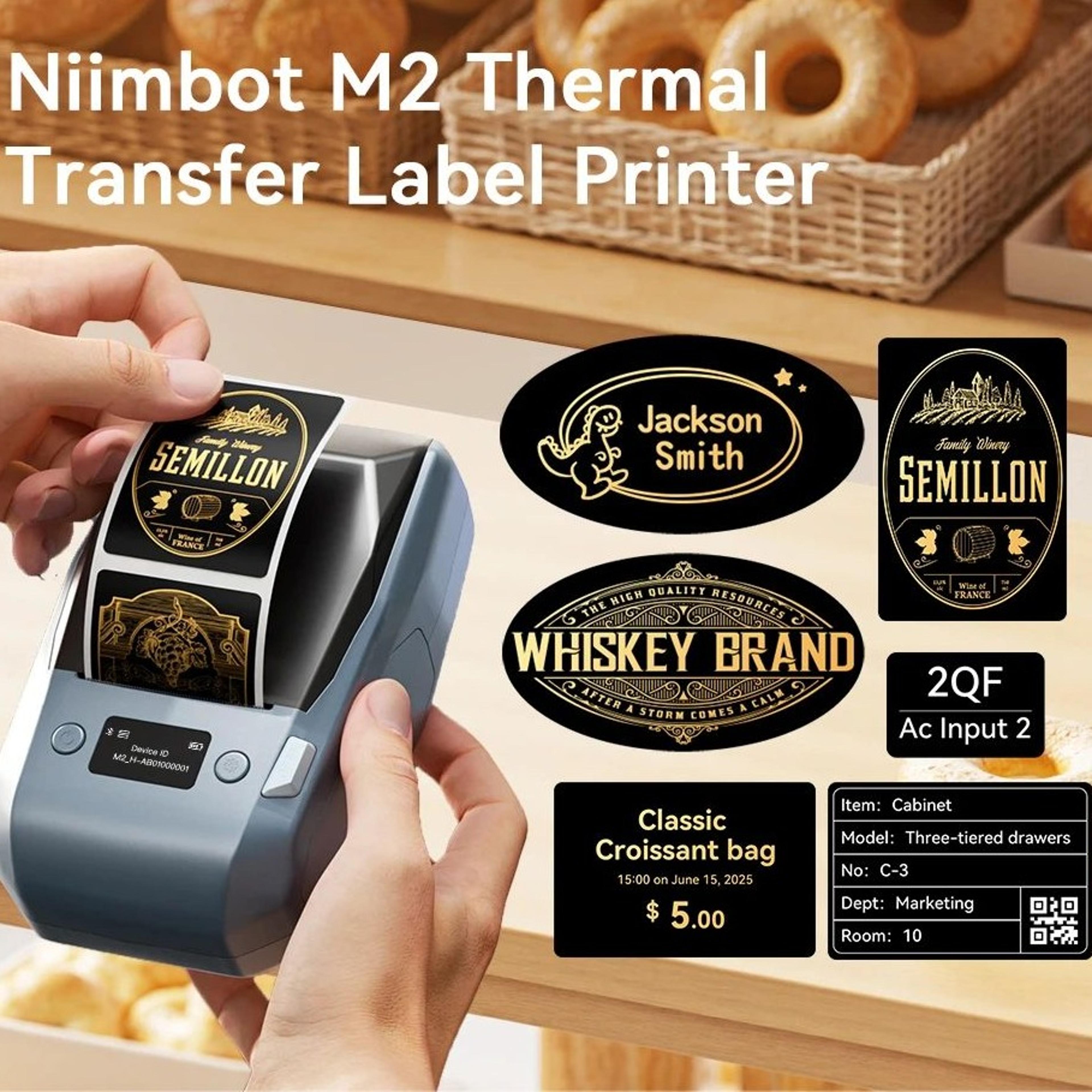 m2 thermal transfer label printer with gold and white ribbon for custom bottle labels