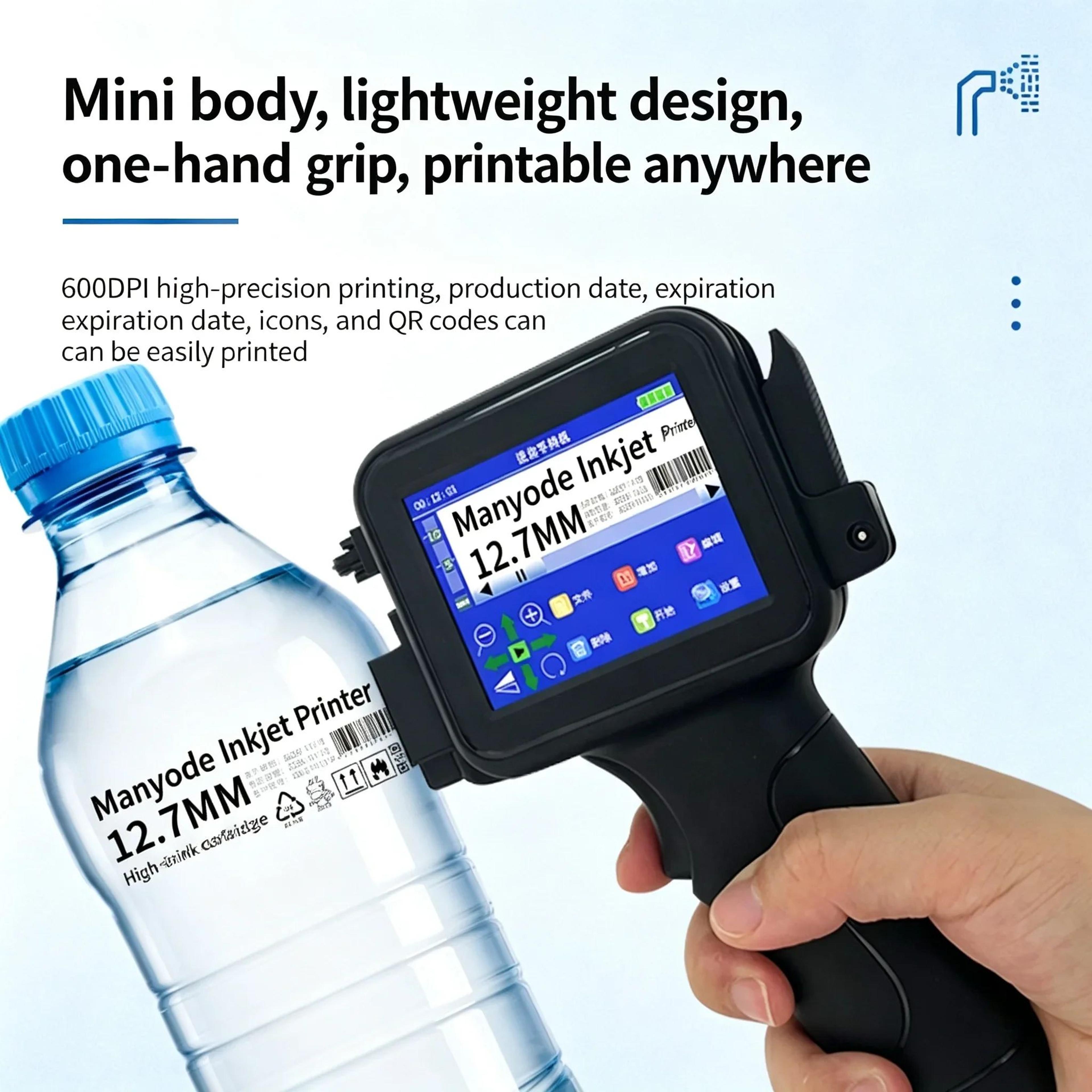 mini handheld inkjet printer for date coding, qr codes and curved surface labeling