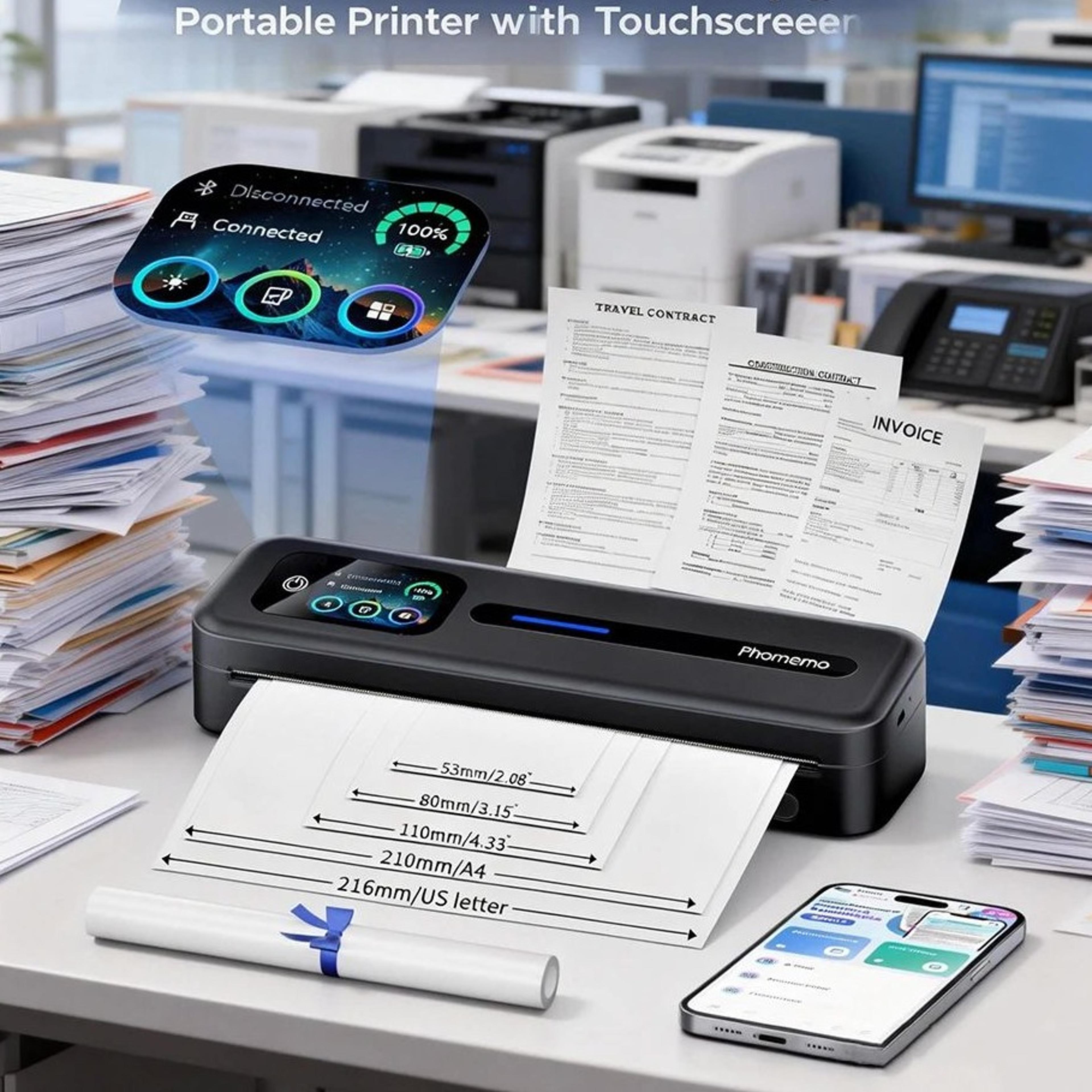 m832d portable a4 thermal printer with touchscreen, wireless inkless printing for travel and office