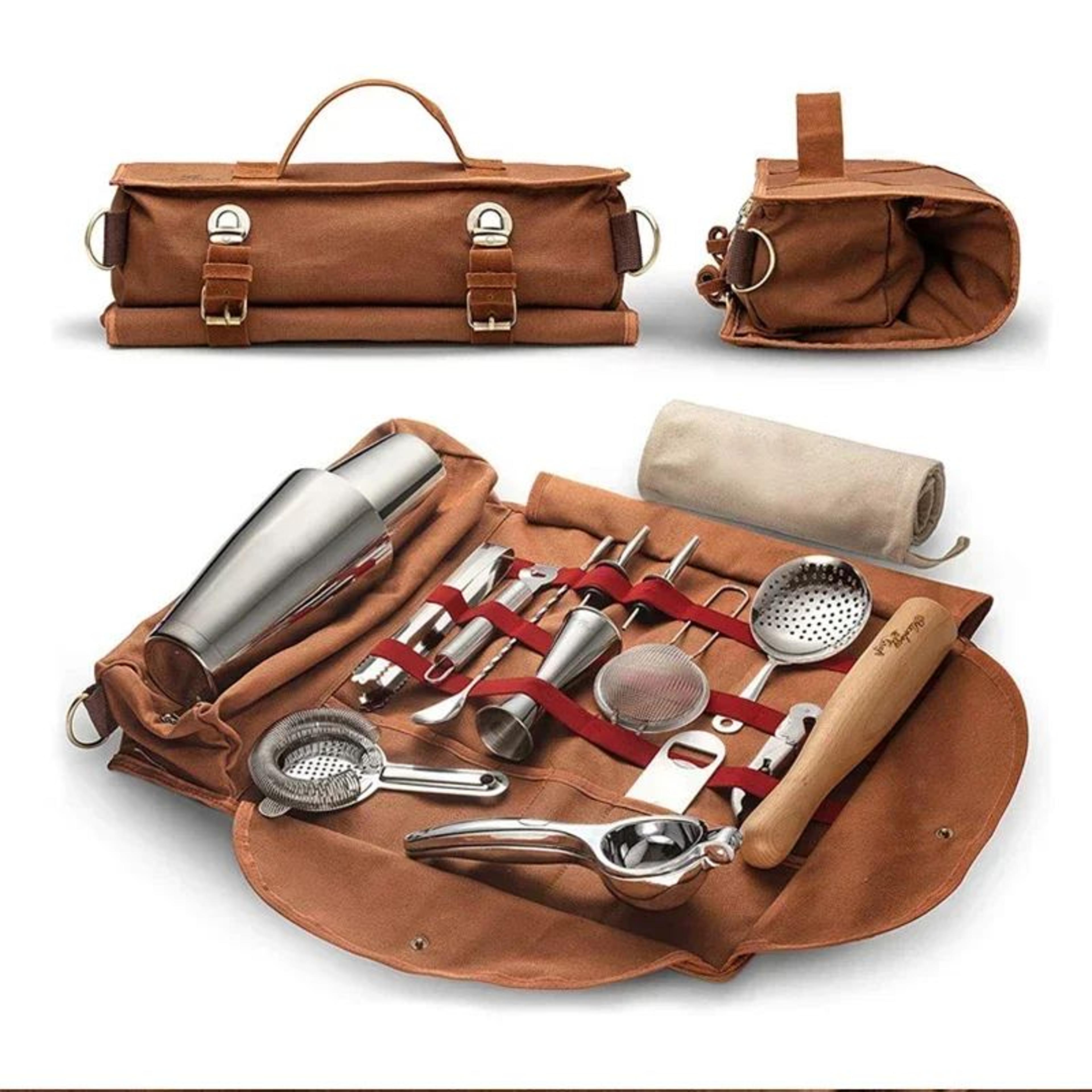 portable canvas bartender travel bag for cocktail shaker and bar tool storage
