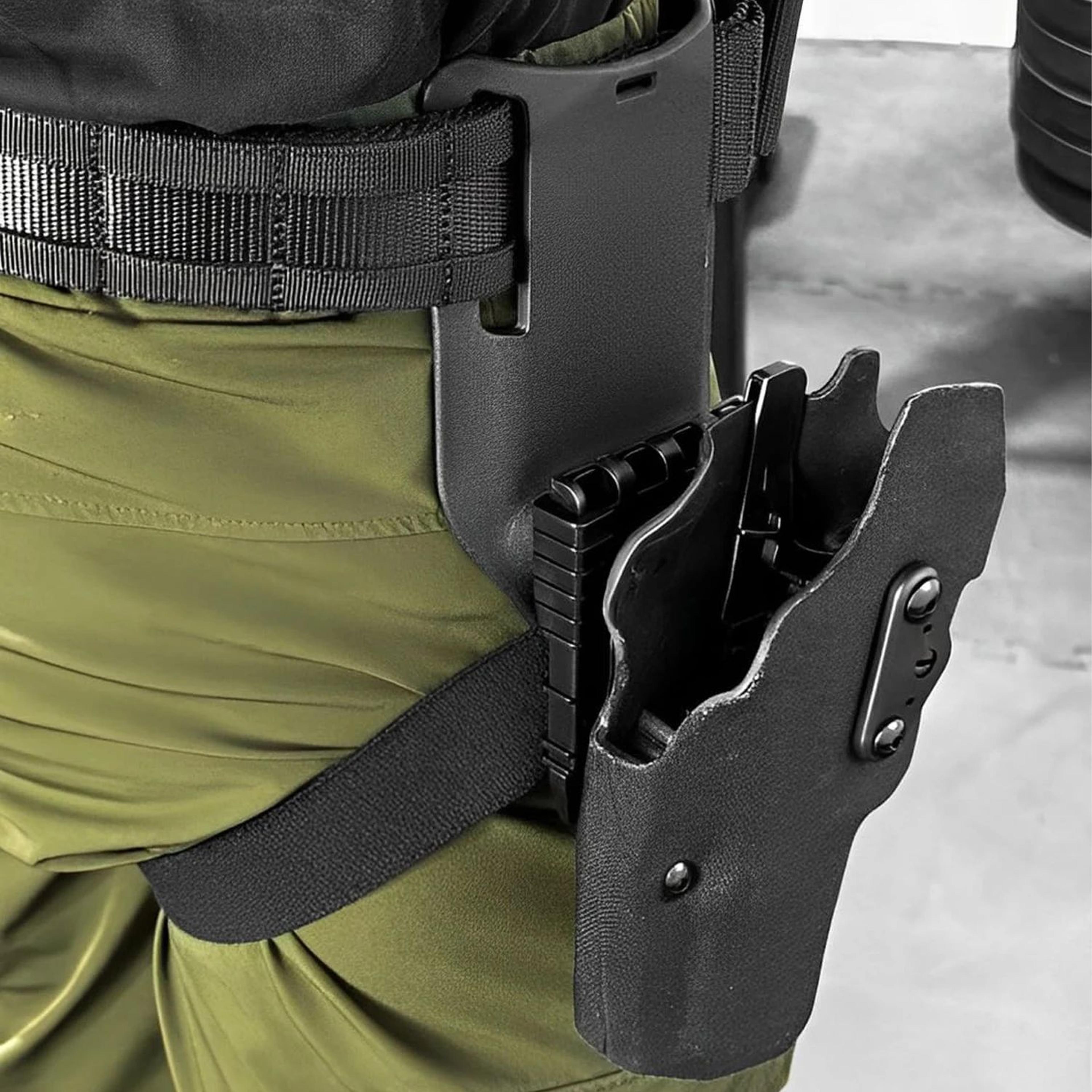 tactical mid-ride holster platform with quick locking system and drop leg mount